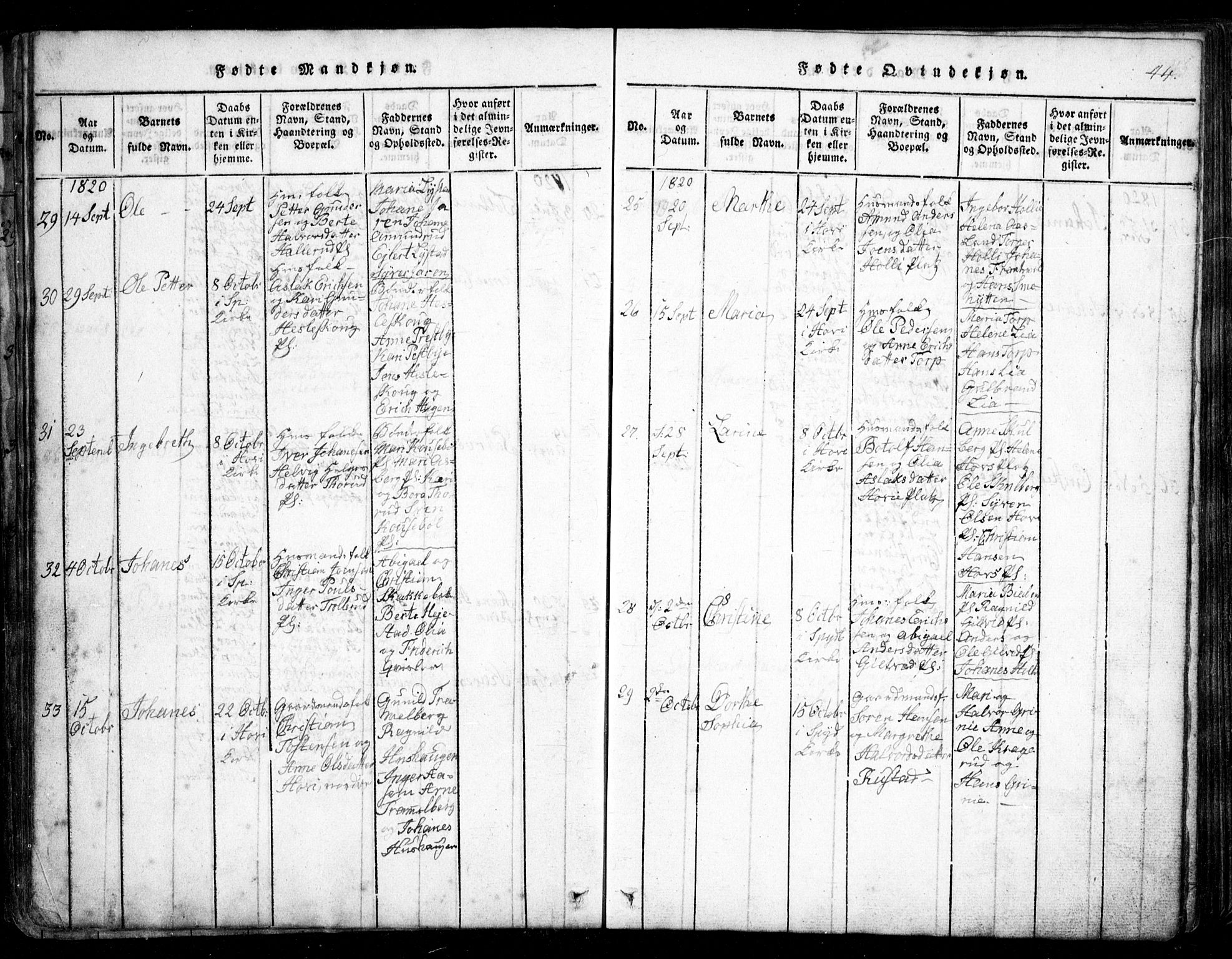 Spydeberg prestekontor Kirkebøker, SAO/A-10924/G/Ga/L0001: Parish register (copy) no. I 1, 1814-1868, p. 44