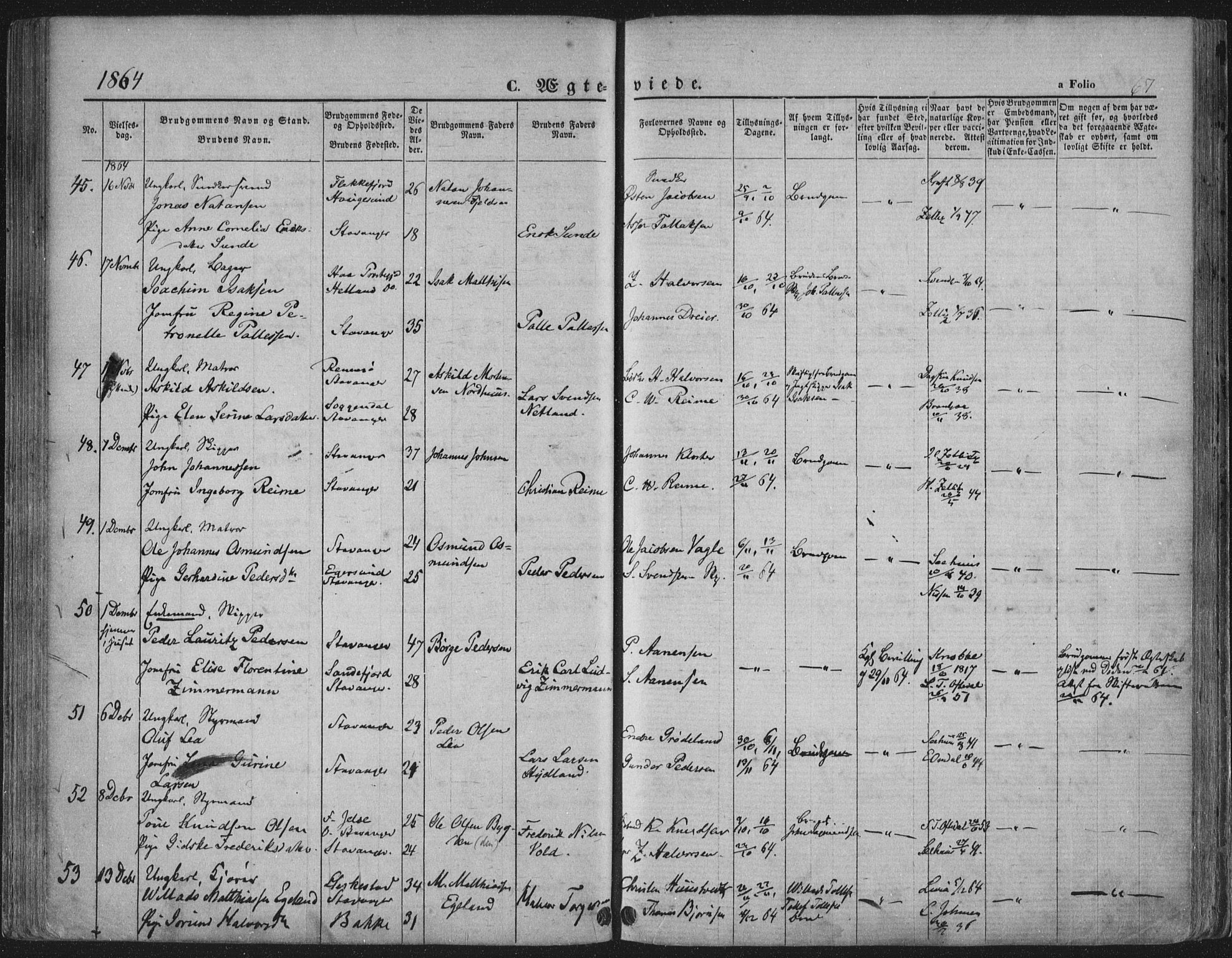 Domkirken sokneprestkontor, AV/SAST-A-101812/001/30/30BA/L0019: Parish register (official) no. A 18, 1857-1877, p. 67