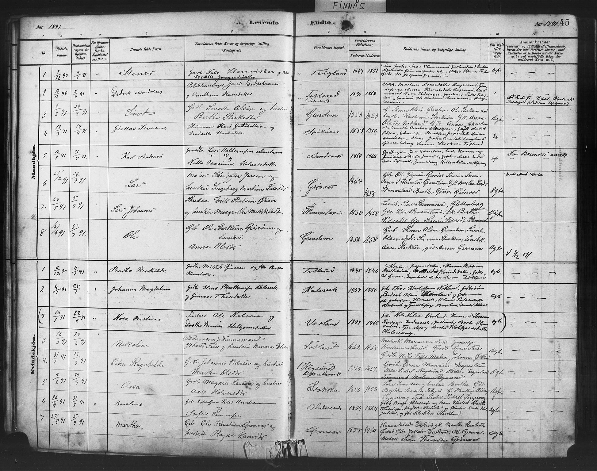 Finnås sokneprestembete, AV/SAB-A-99925/H/Ha/Haa/Haab/L0001: Parish register (official) no. B 1, 1881-1894, p. 45