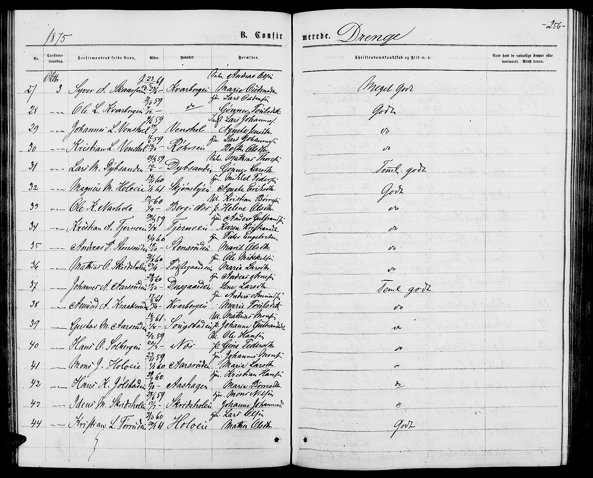 Ringsaker prestekontor, AV/SAH-PREST-014/L/La/L0008: Parish register (copy) no. 8, 1870-1878, p. 256