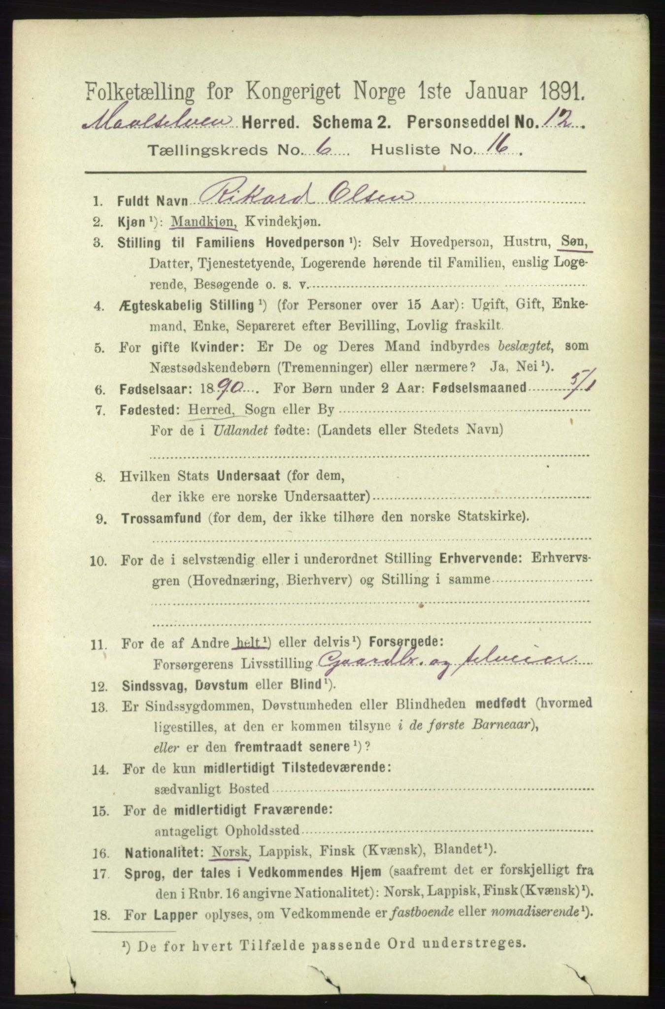 RA, 1891 census for 1924 Målselv, 1891, p. 2167