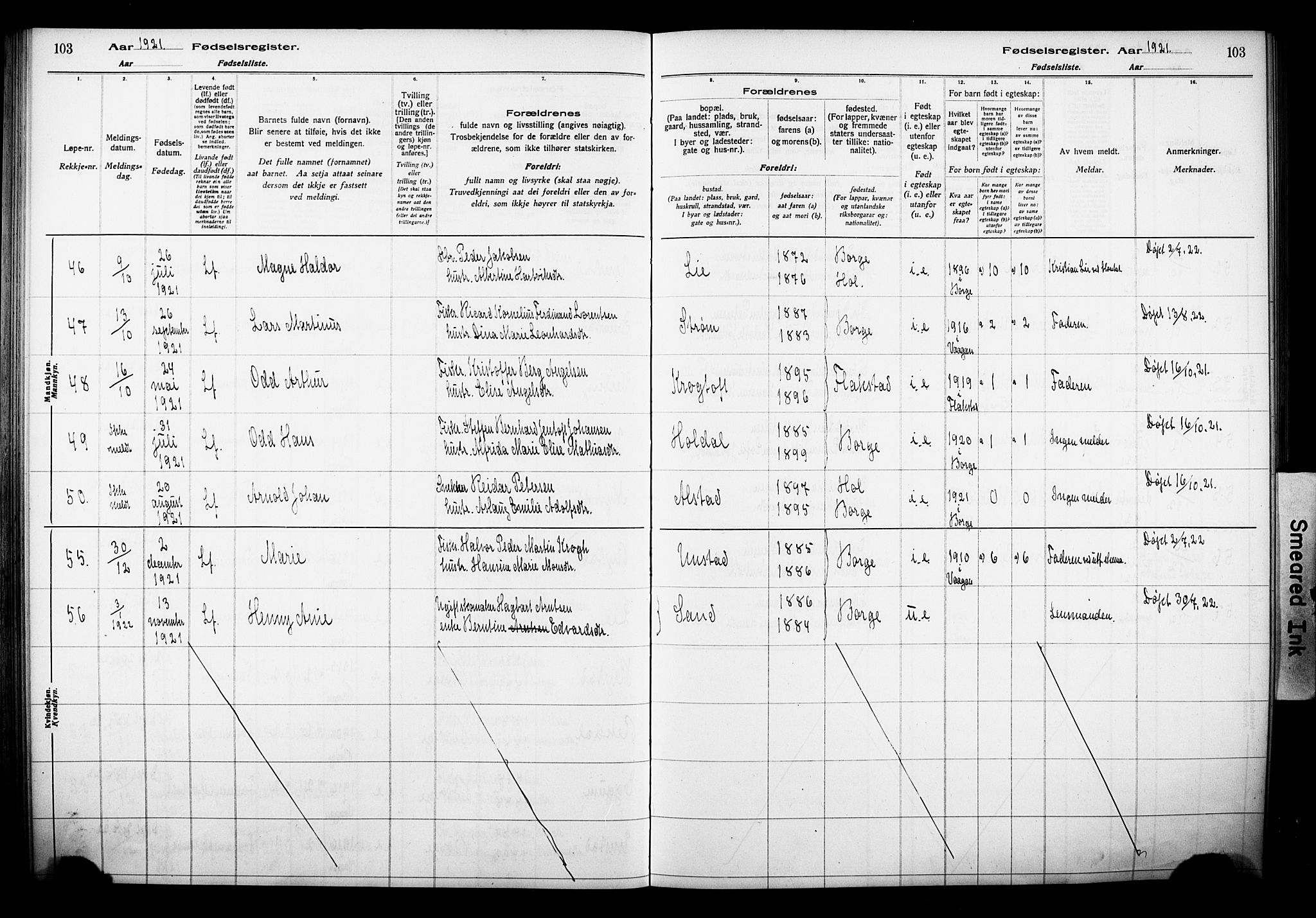 Ministerialprotokoller, klokkerbøker og fødselsregistre - Nordland, AV/SAT-A-1459/880/L1145: Birth register no. 880.II.4.1, 1916-1929, p. 103