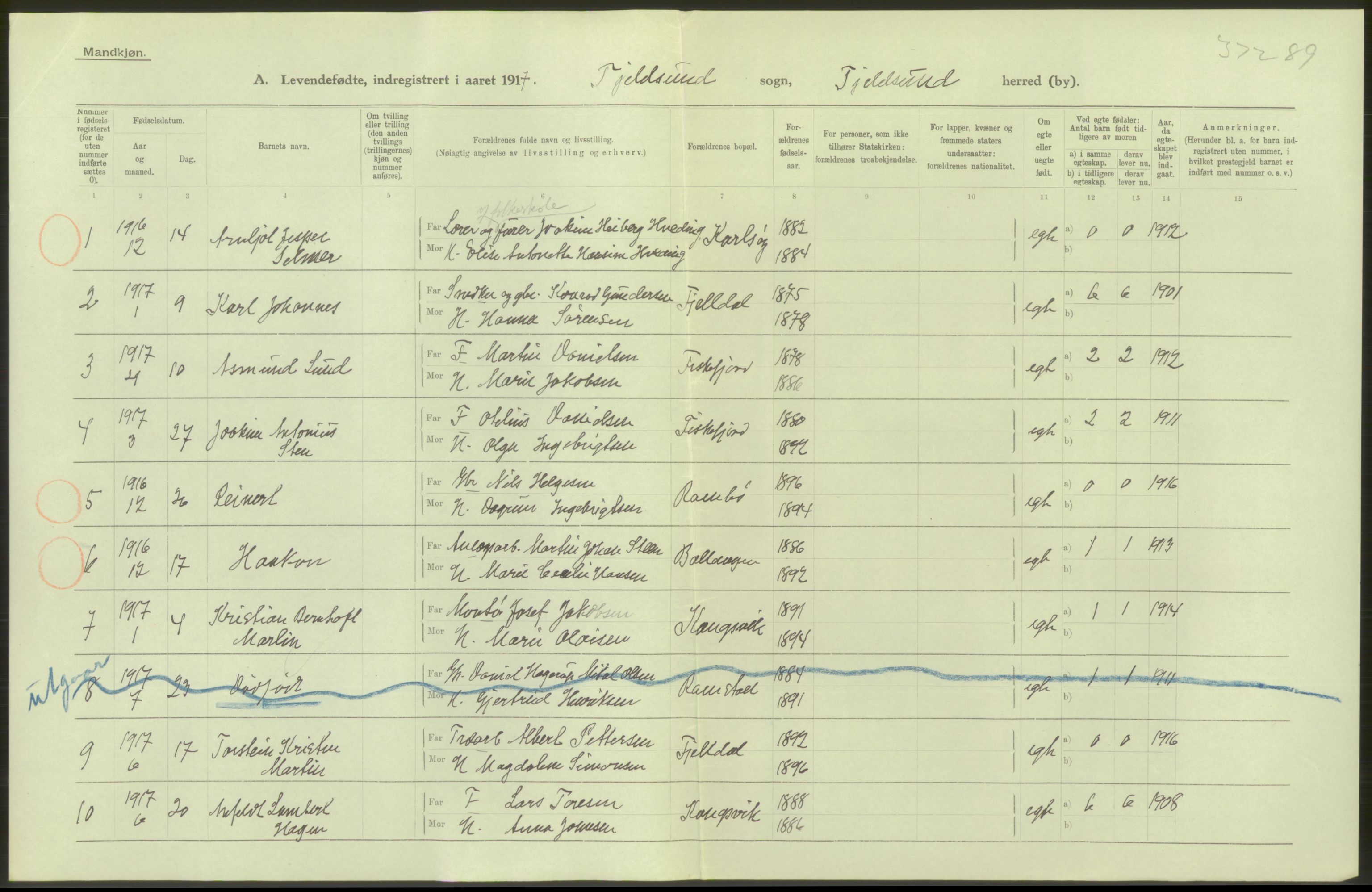 Statistisk sentralbyrå, Sosiodemografiske emner, Befolkning, RA/S-2228/D/Df/Dfb/Dfbg/L0050: Nordlands amt: Levendefødte menn og kvinner. Bygder., 1917, p. 2