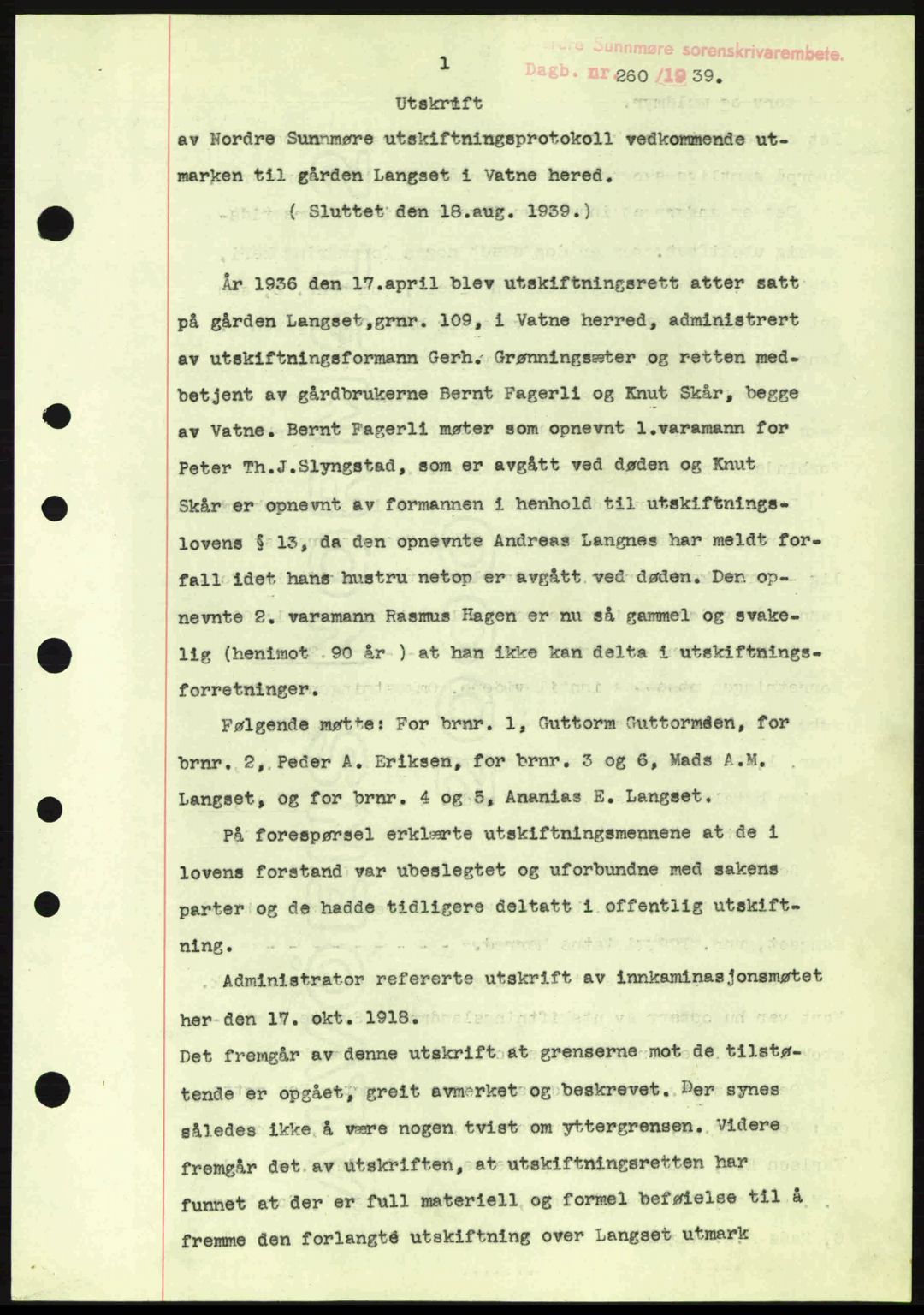 Nordre Sunnmøre sorenskriveri, AV/SAT-A-0006/1/2/2C/2Ca: Mortgage book no. A8, 1939-1940, Diary no: : 260/1940