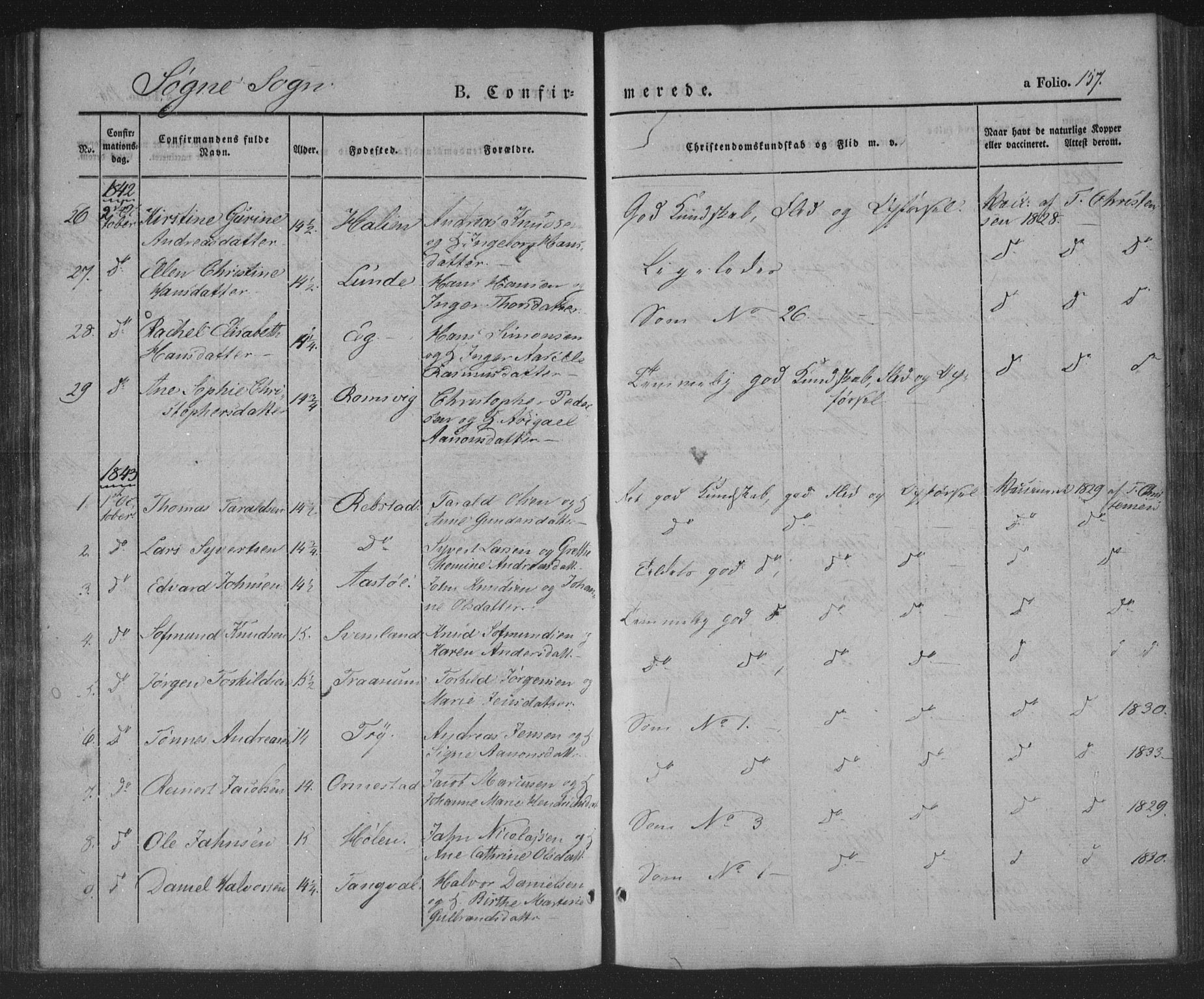 Søgne sokneprestkontor, AV/SAK-1111-0037/F/Fa/Fab/L0009: Parish register (official) no. A 9, 1838-1853, p. 157