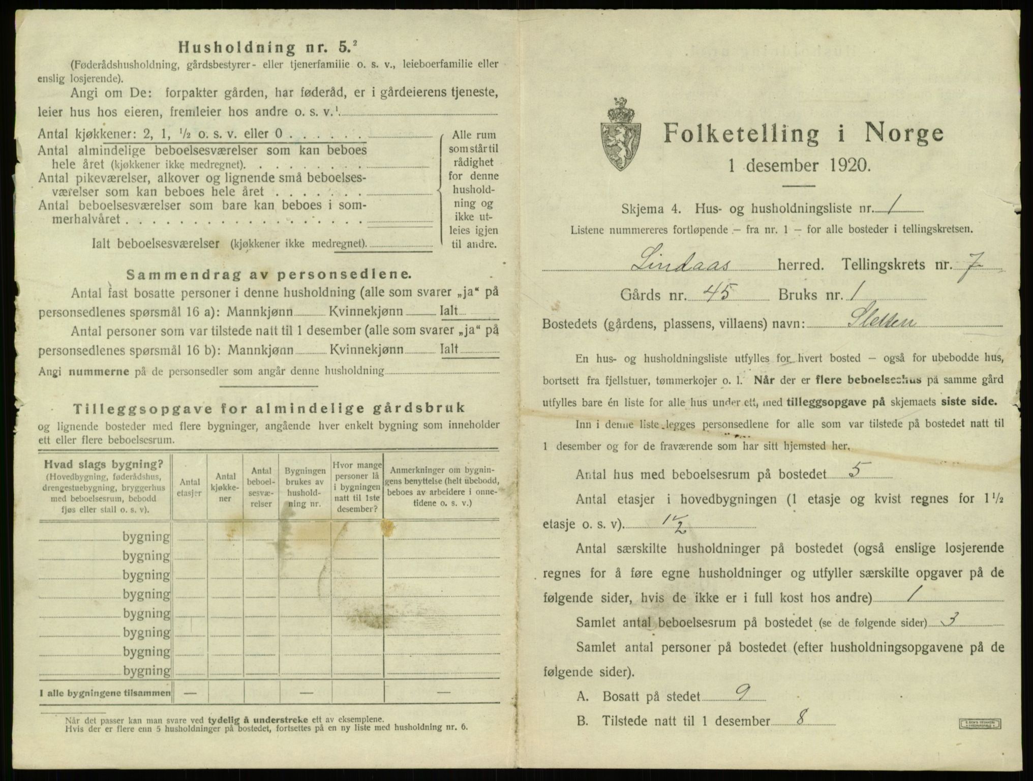 SAB, 1920 census for Lindås, 1920, p. 469