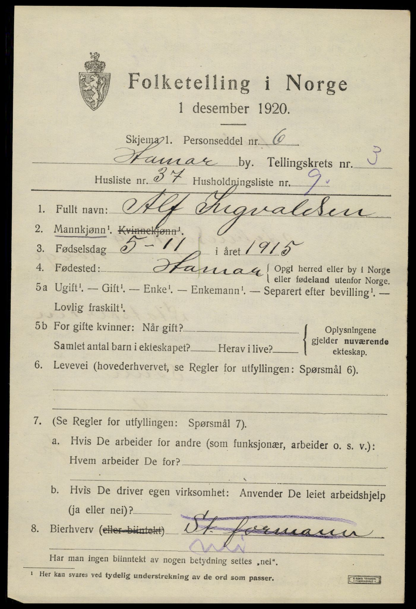 SAH, 1920 census for Hamar, 1920, p. 7791