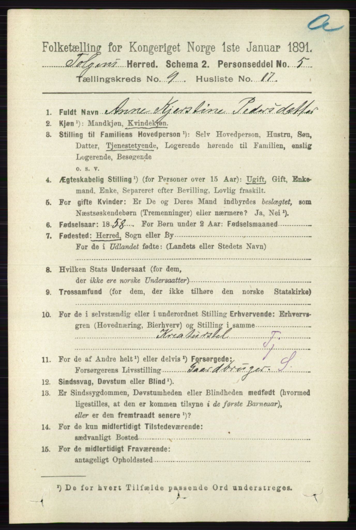 RA, 1891 census for 0436 Tolga, 1891, p. 2618