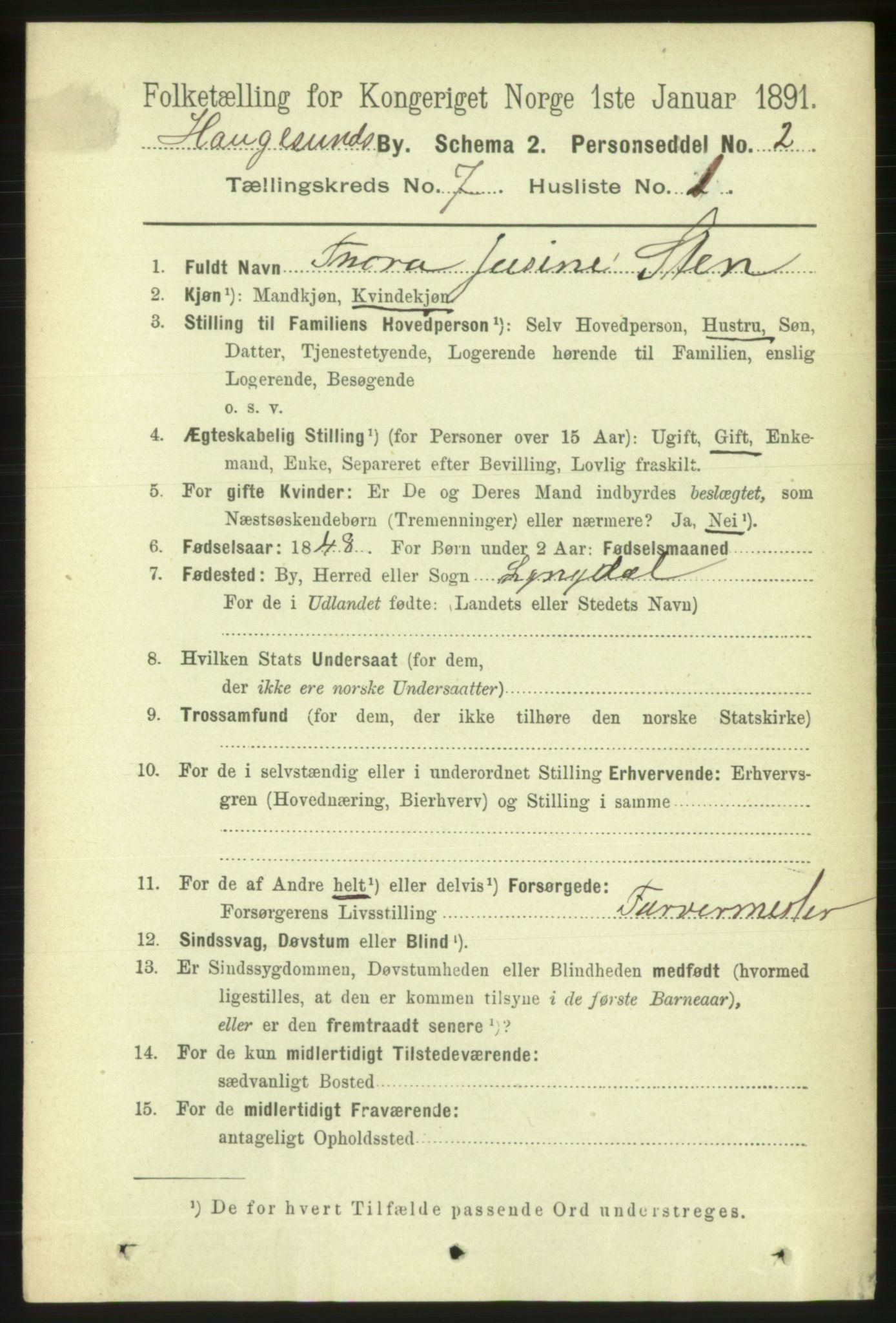 RA, 1891 census for 1106 Haugesund, 1891, p. 3077