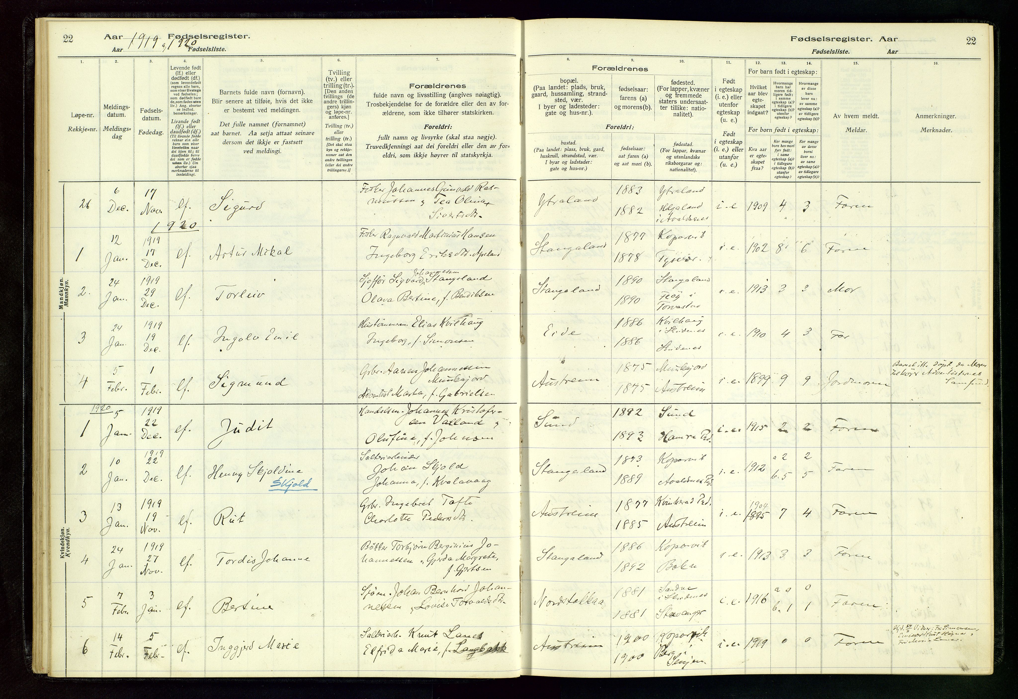 Kopervik sokneprestkontor, SAST/A-101850/I/Id/L0004: Birth register no. 4, 1916-1958, p. 22