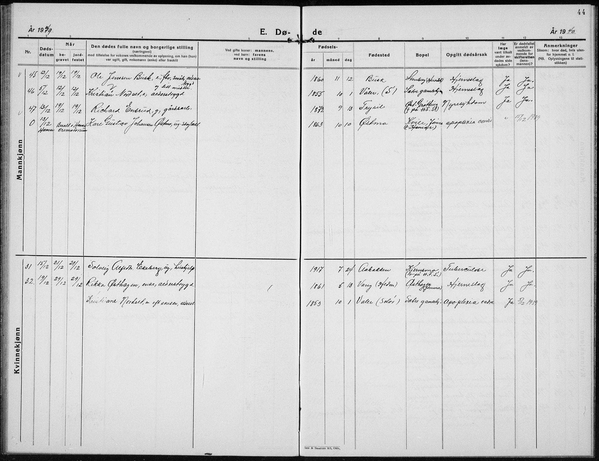 Elverum prestekontor, SAH/PREST-044/H/Ha/Hab/L0017: Parish register (copy) no. 17, 1932-1941, p. 44