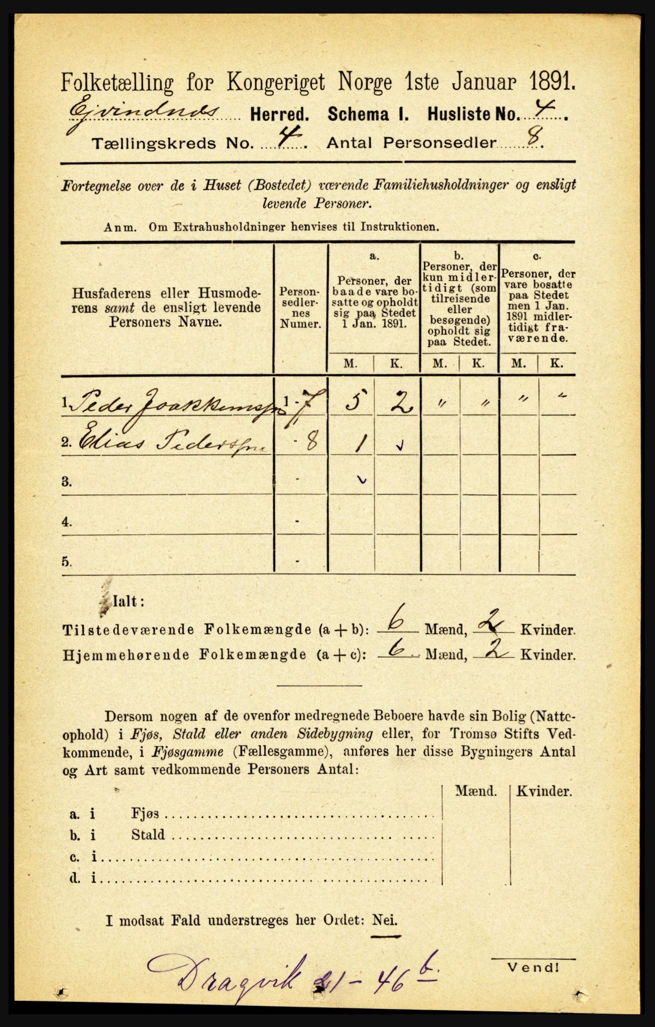 RA, 1891 census for 1853 Evenes, 1891, p. 1179