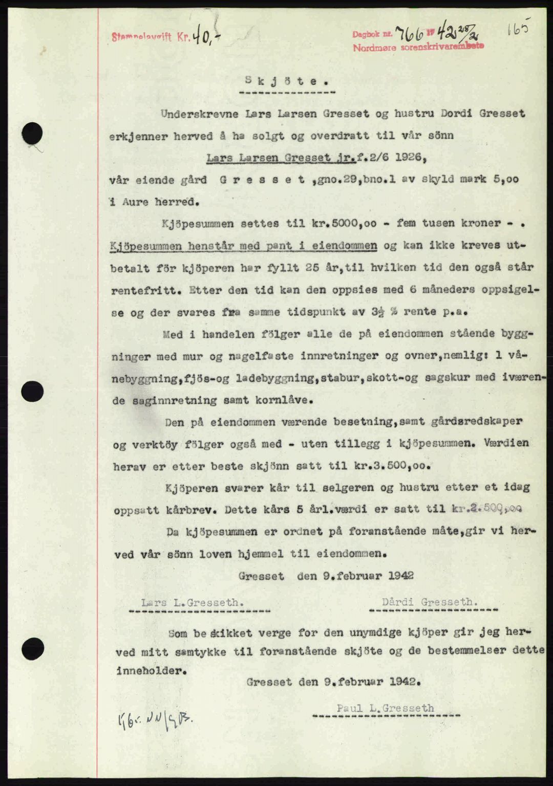 Nordmøre sorenskriveri, AV/SAT-A-4132/1/2/2Ca: Mortgage book no. A92, 1942-1942, Diary no: : 766/1942