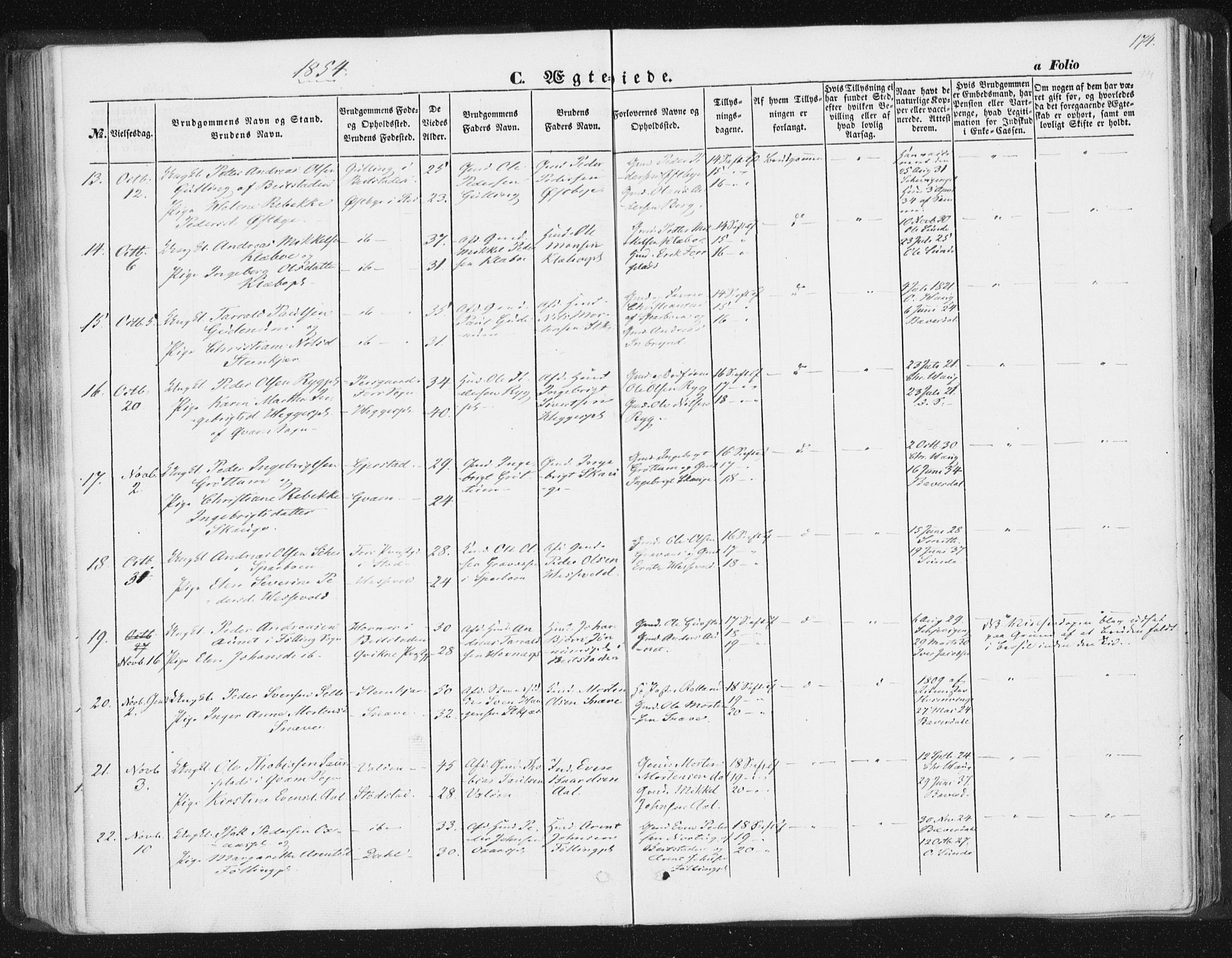 Ministerialprotokoller, klokkerbøker og fødselsregistre - Nord-Trøndelag, AV/SAT-A-1458/746/L0446: Parish register (official) no. 746A05, 1846-1859, p. 174