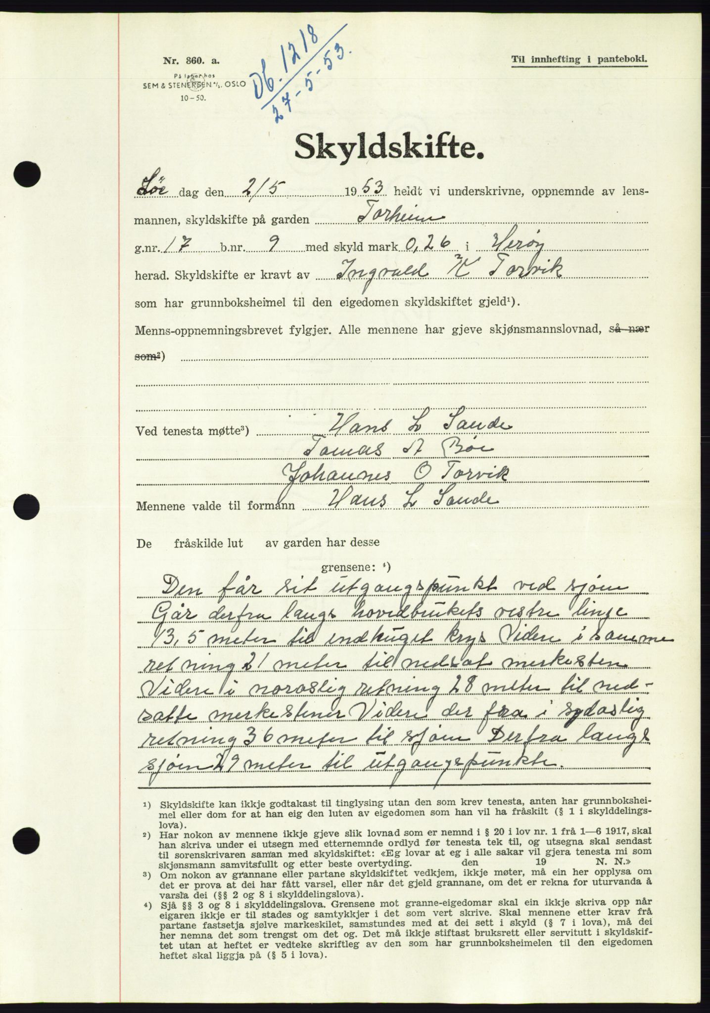 Søre Sunnmøre sorenskriveri, AV/SAT-A-4122/1/2/2C/L0095: Mortgage book no. 21A, 1953-1953, Diary no: : 1218/1953