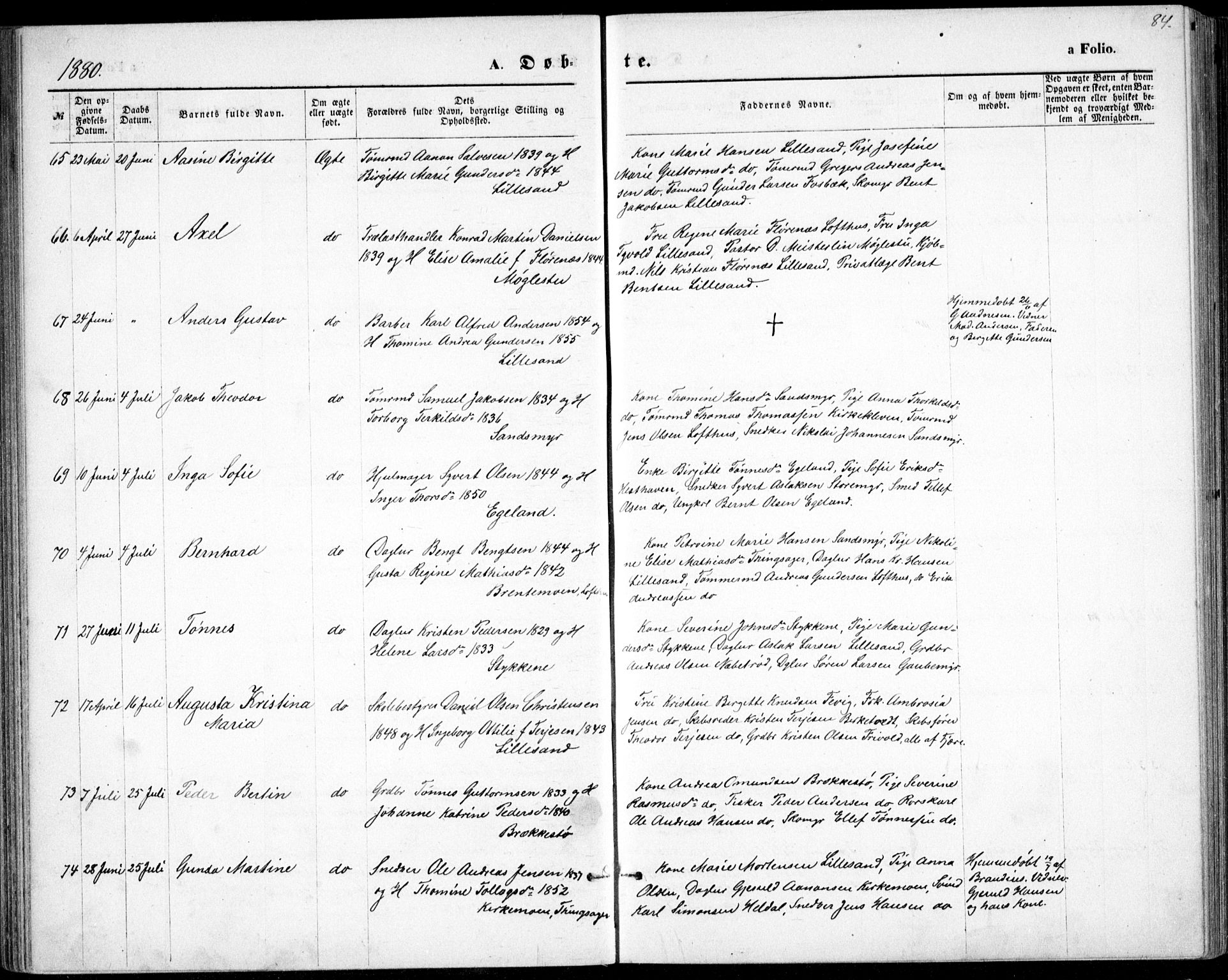 Vestre Moland sokneprestkontor, SAK/1111-0046/F/Fb/Fbb/L0005: Parish register (copy) no. B 5, 1872-1883, p. 84