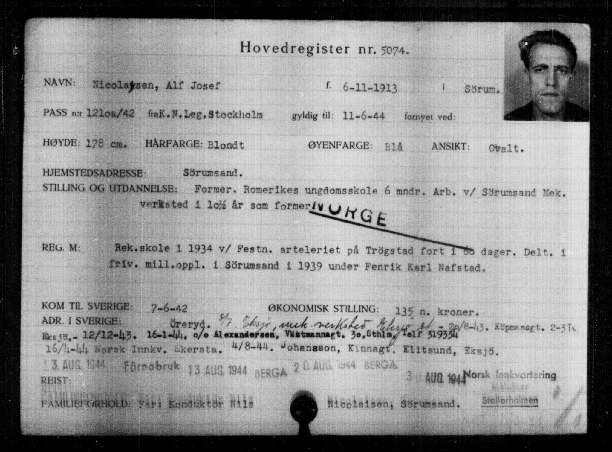 Utenriksstasjonene, Legasjonen i Stockholm, Flyktningkontoret, AV/RA-S-6753/V/Va/L0004: Kjesäterkartoteket, flyktninger med registreringsnr. 3496-6610, 1940-1945, p. 1866