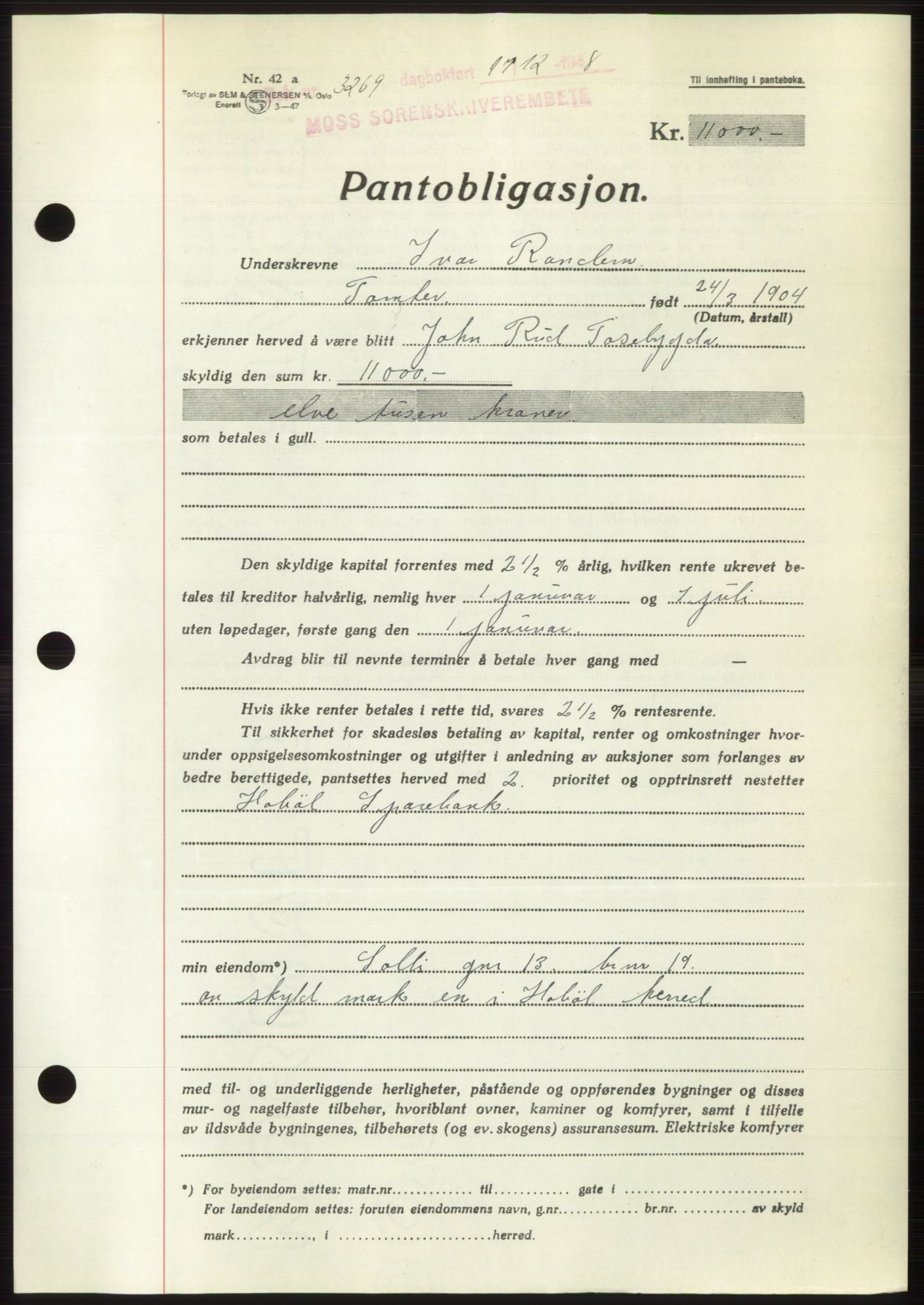 Moss sorenskriveri, AV/SAO-A-10168: Mortgage book no. B20, 1948-1948, Diary no: : 3269/1948