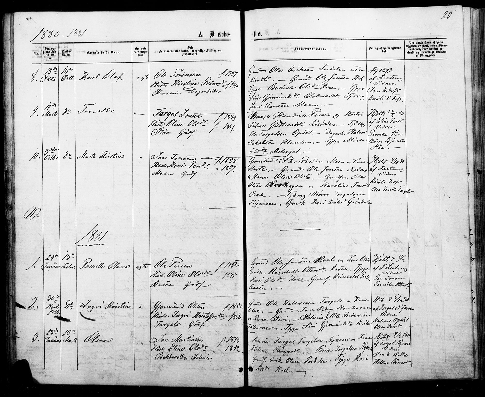 Trysil prestekontor, AV/SAH-PREST-046/H/Ha/Haa/L0010: Parish register (official) no. 10, 1872-1895, p. 20