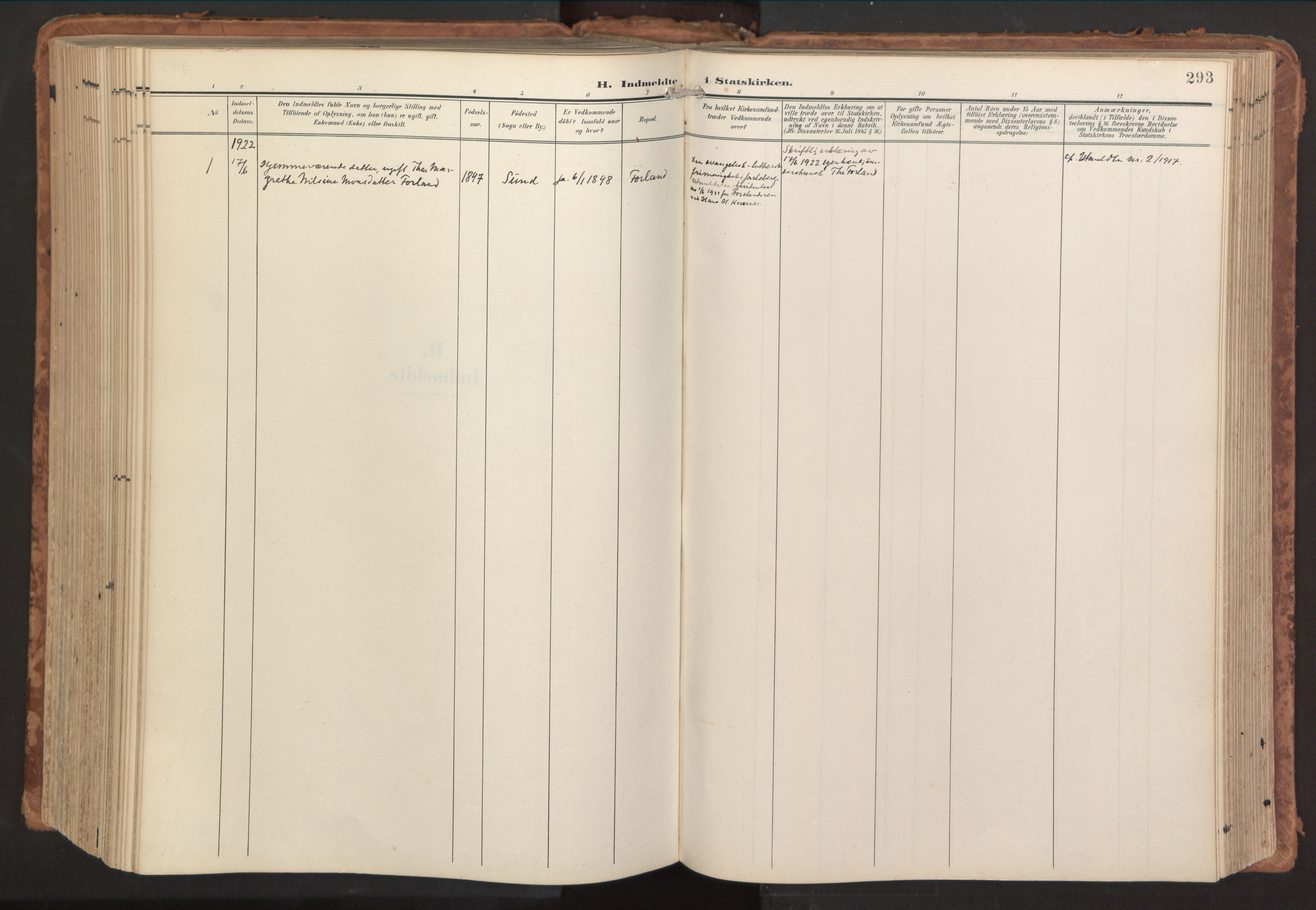 Sund sokneprestembete, AV/SAB-A-99930: Parish register (official) no. B 2, 1907-1926, p. 293