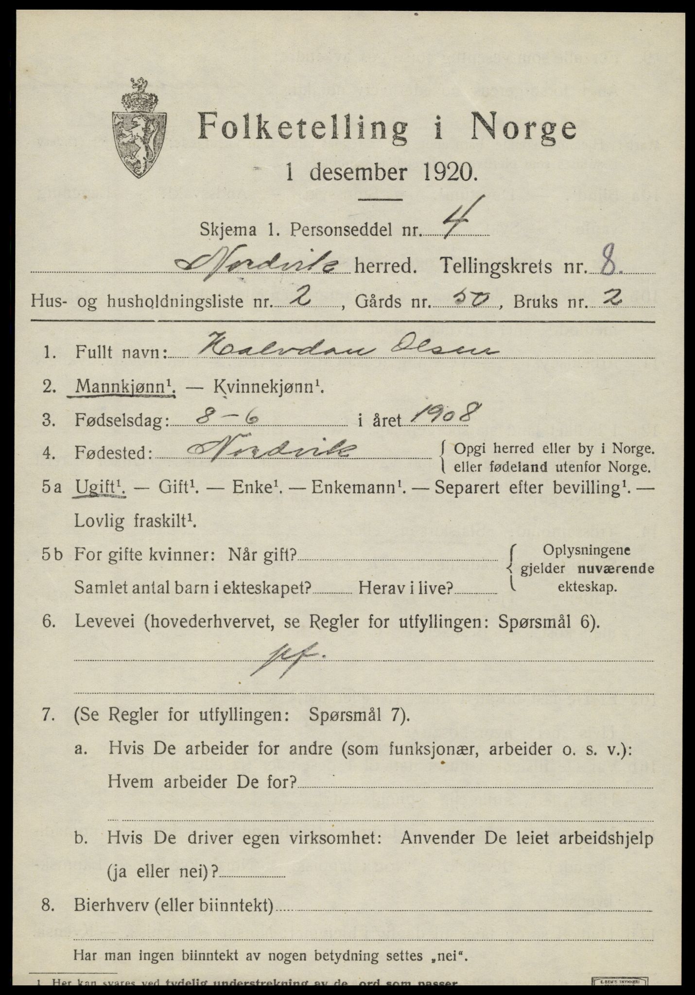 SAT, 1920 census for Nordvik, 1920, p. 2858