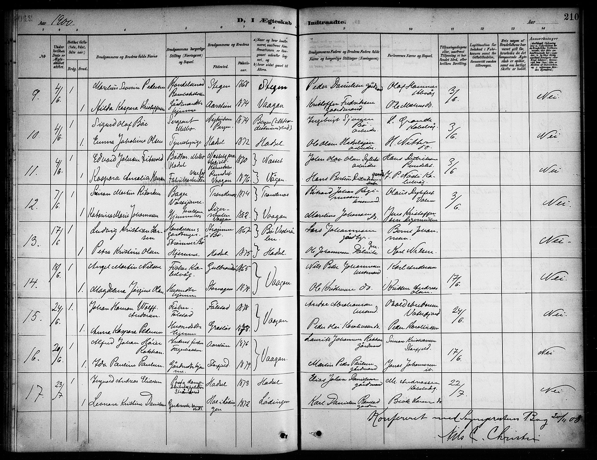 Ministerialprotokoller, klokkerbøker og fødselsregistre - Nordland, SAT/A-1459/874/L1078: Parish register (copy) no. 874C07, 1900-1907, p. 210