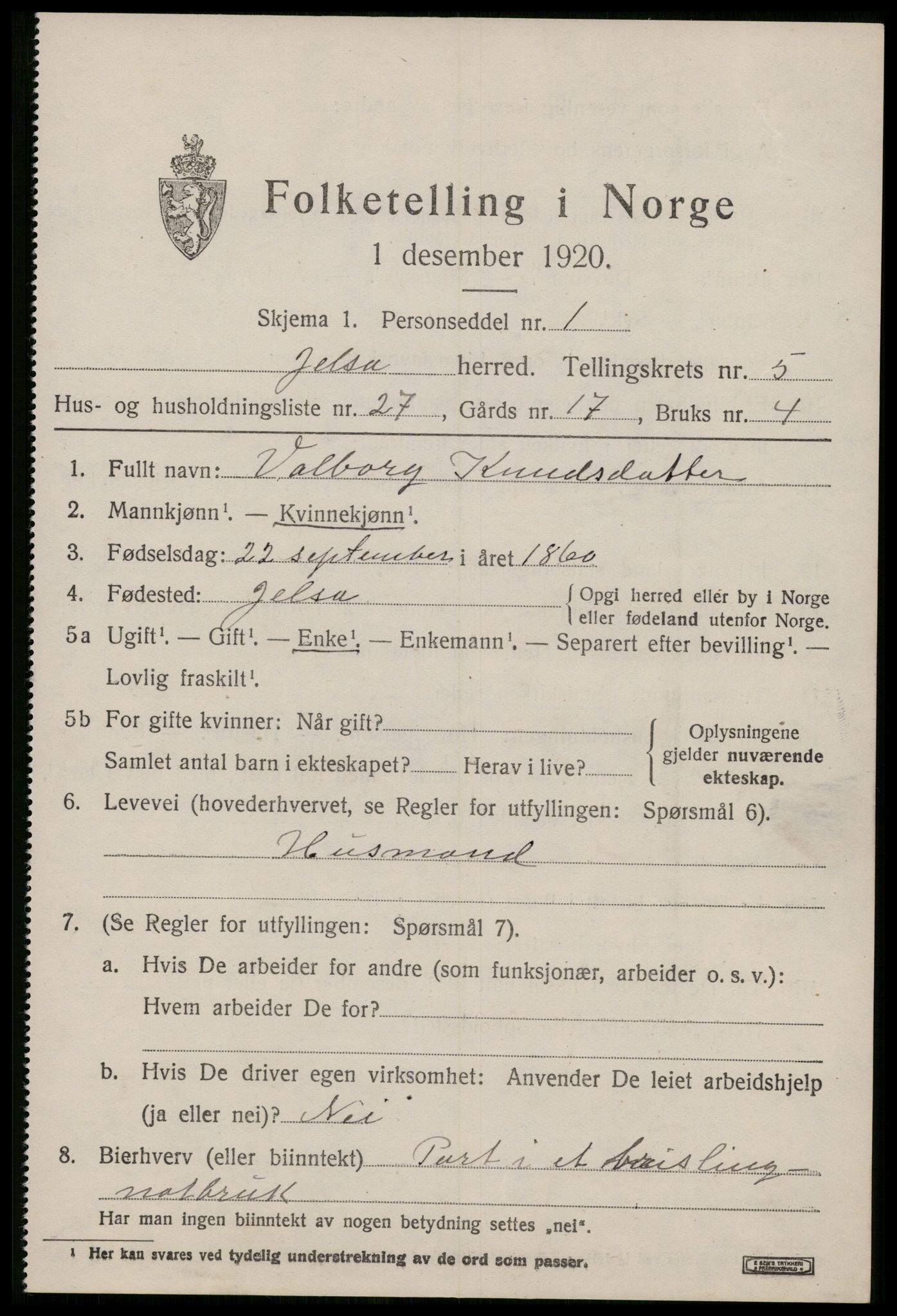 SAST, 1920 census for Jelsa, 1920, p. 1646