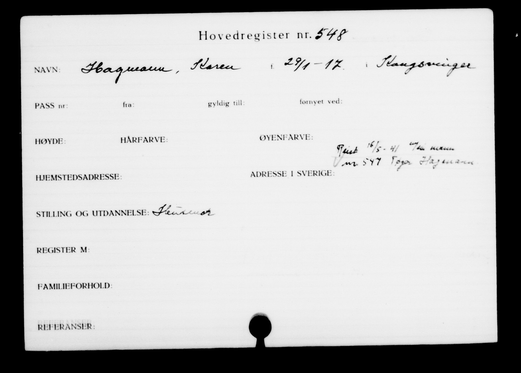 Utenriksstasjonene, Legasjonen i Stockholm, Flyktningkontoret, AV/RA-S-6753/V/Va/L0001: Kjesäterkartoteket, flyktninger med registreringsnr. 1-1000, 1940-1945, p. 853