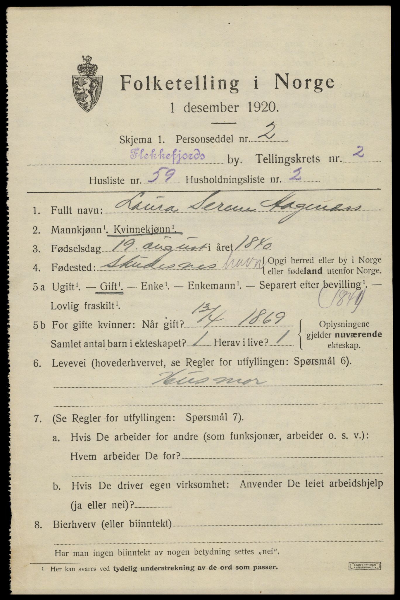 SAK, 1920 census for Flekkefjord, 1920, p. 3212