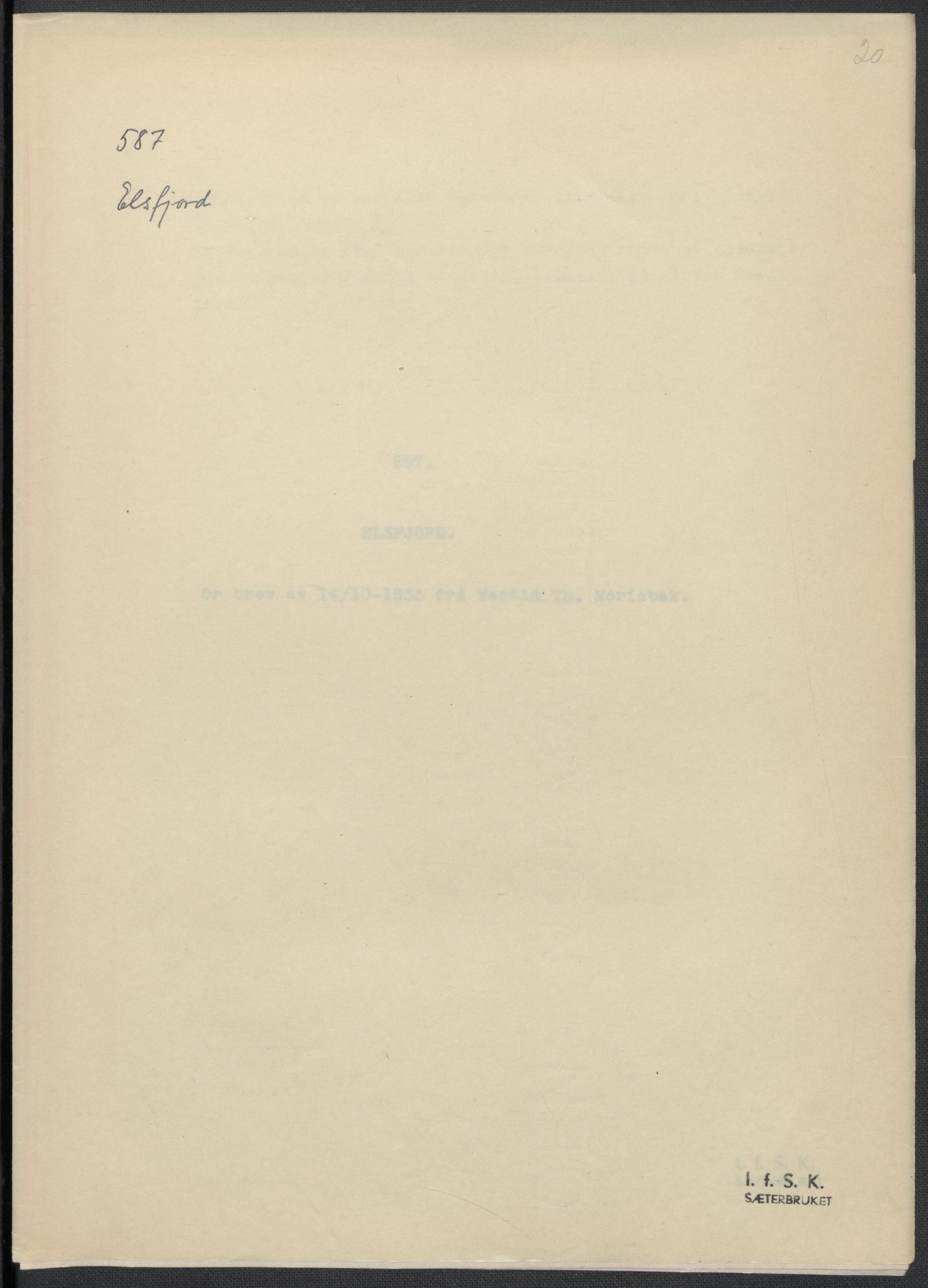 Instituttet for sammenlignende kulturforskning, RA/PA-0424/F/Fc/L0016/0002: Eske B16: / Nordland (perm XLVII), 1932-1936, p. 20