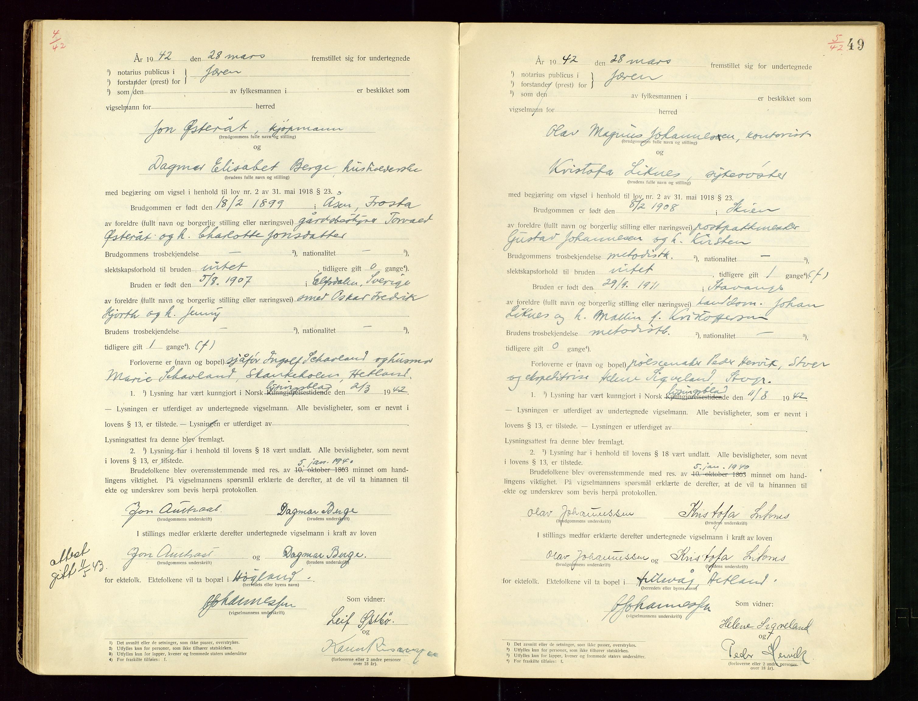Jæren sorenskriveri, AV/SAST-A-100310/01/6/62/62BA/L0002: VIGSELSPROTOKOLL, 1937-1942, p. 49