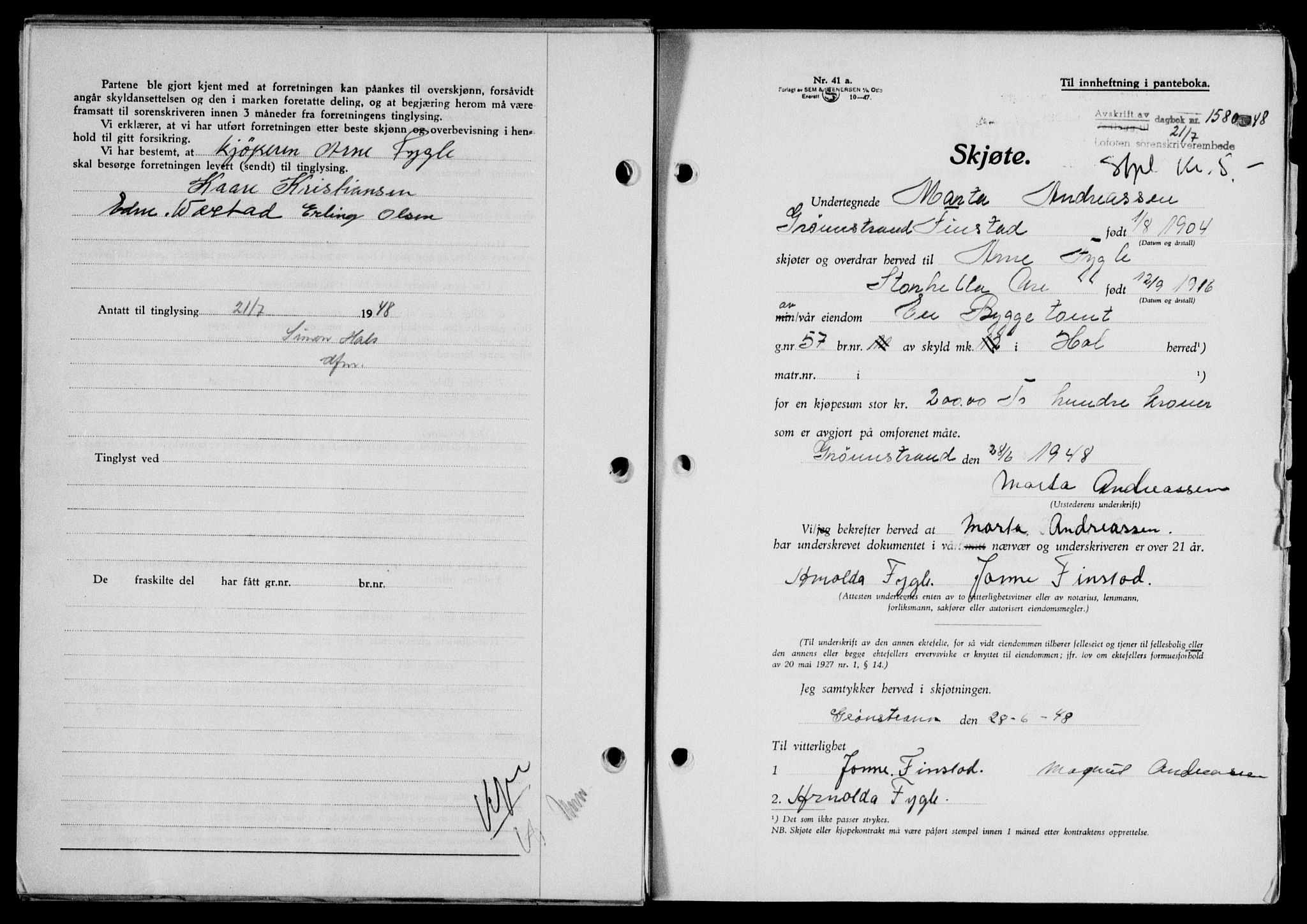 Lofoten sorenskriveri, SAT/A-0017/1/2/2C/L0018a: Mortgage book no. 18a, 1948-1948, Diary no: : 1580/1948