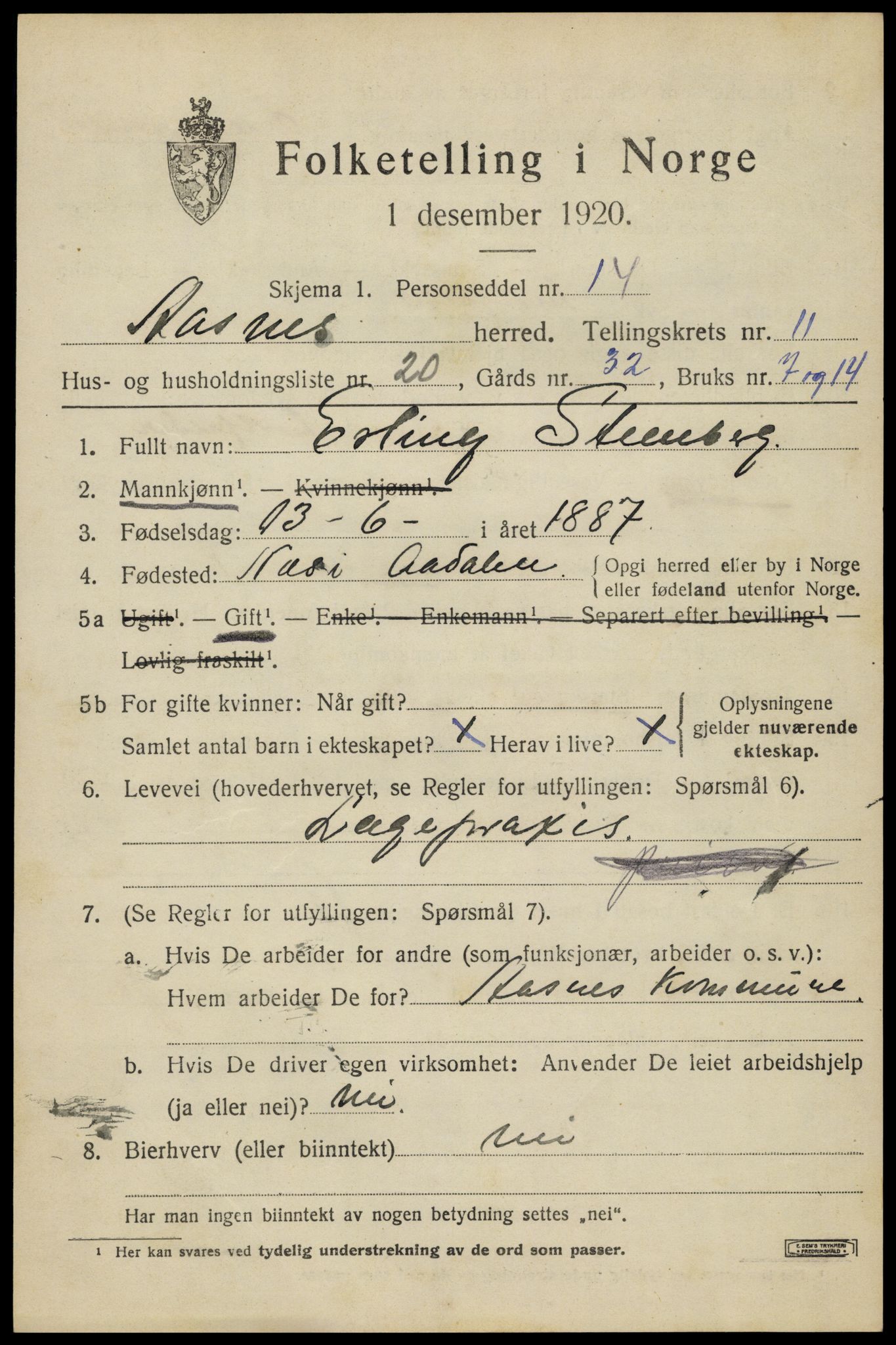 SAH, 1920 census for Åsnes, 1920, p. 11748