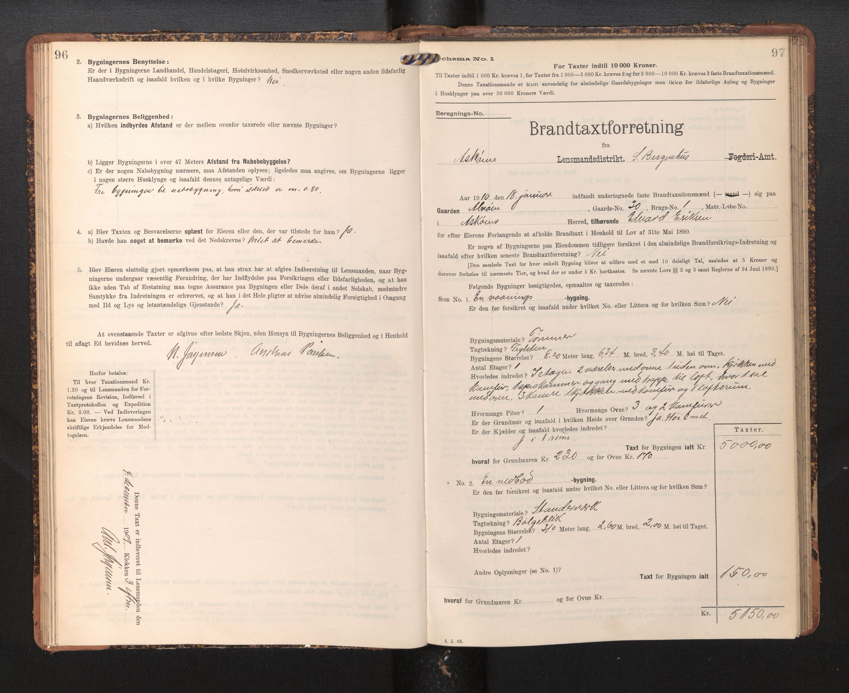 Lensmannen i Askøy, AV/SAB-A-31001/0012/L0005: Branntakstprotokoll, skjematakst, 1907-1915, p. 96-97