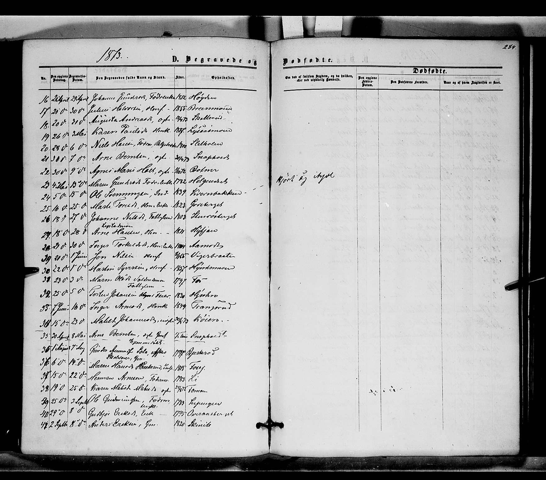 Brandval prestekontor, SAH/PREST-034/H/Ha/Haa/L0001: Parish register (official) no. 1, 1864-1879, p. 284