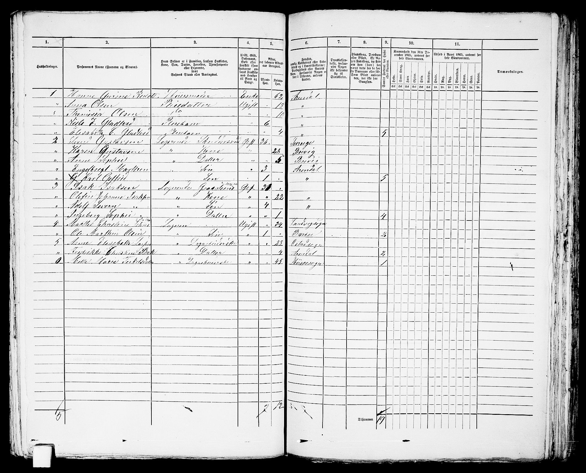 RA, 1865 census for Arendal, 1865, p. 204