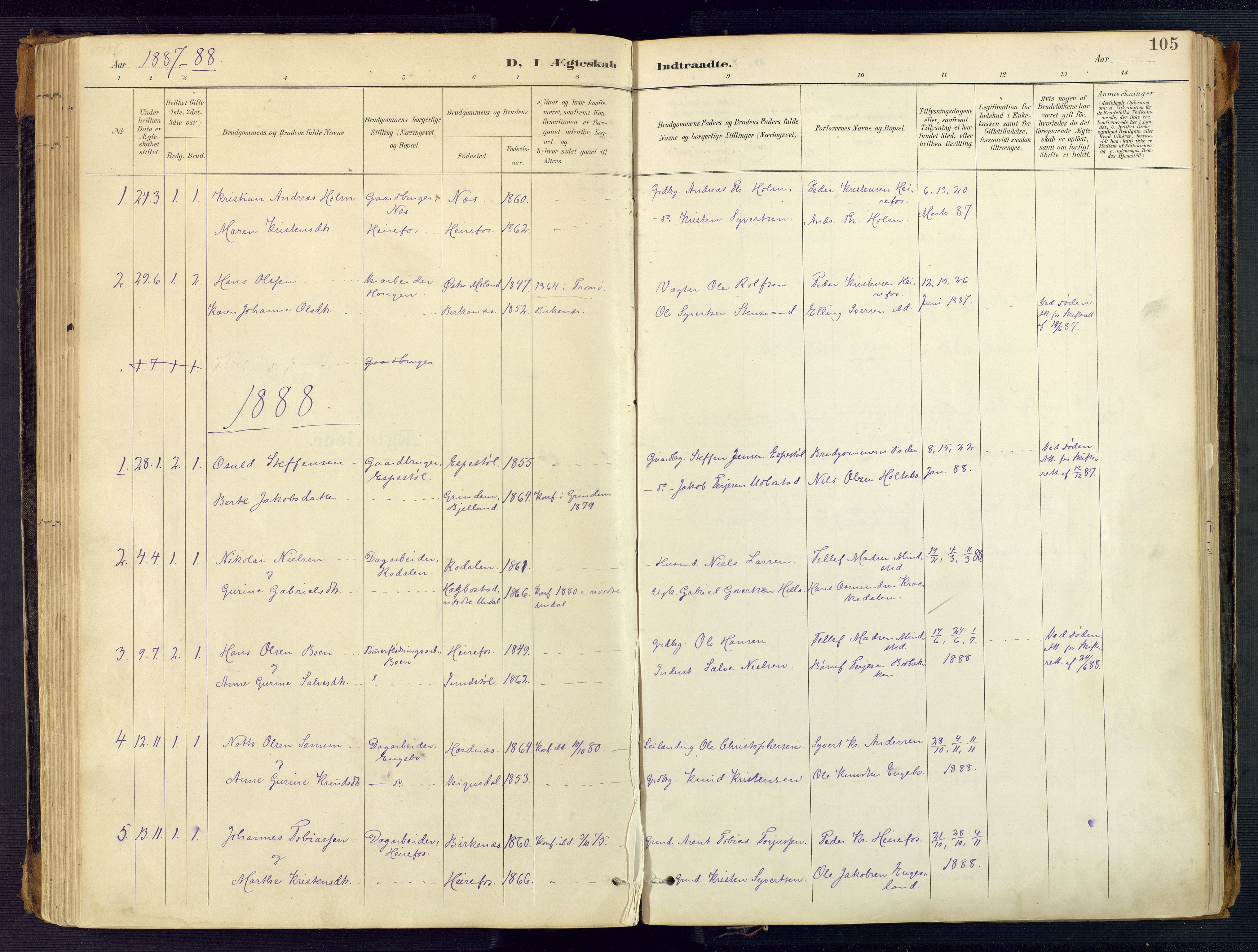 Herefoss sokneprestkontor, AV/SAK-1111-0019/F/Fa/Faa/L0003: Parish register (official) no. A 3, 1887-1930, p. 105