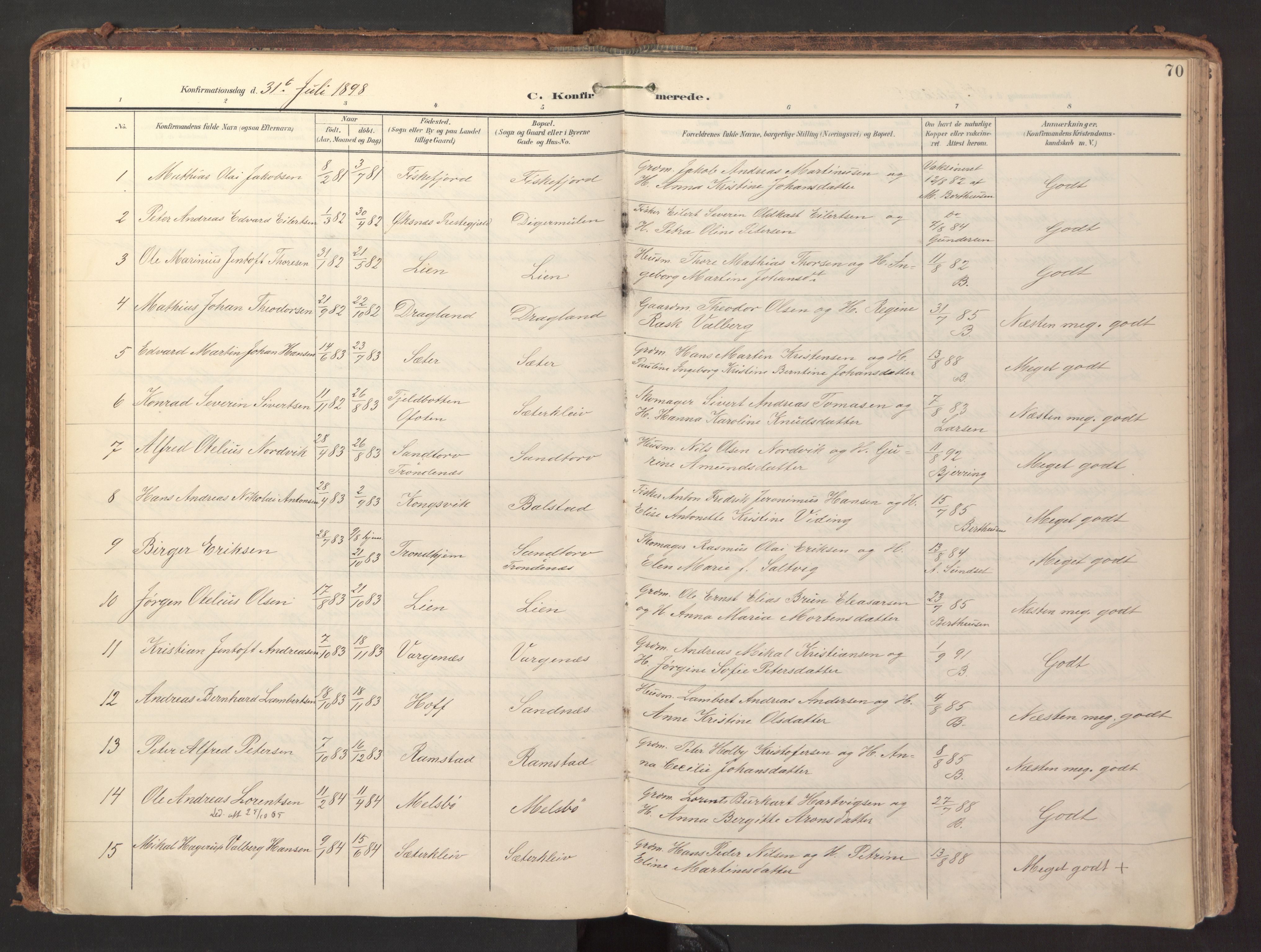 Ministerialprotokoller, klokkerbøker og fødselsregistre - Nordland, AV/SAT-A-1459/865/L0926: Parish register (official) no. 865A04, 1897-1912, p. 70