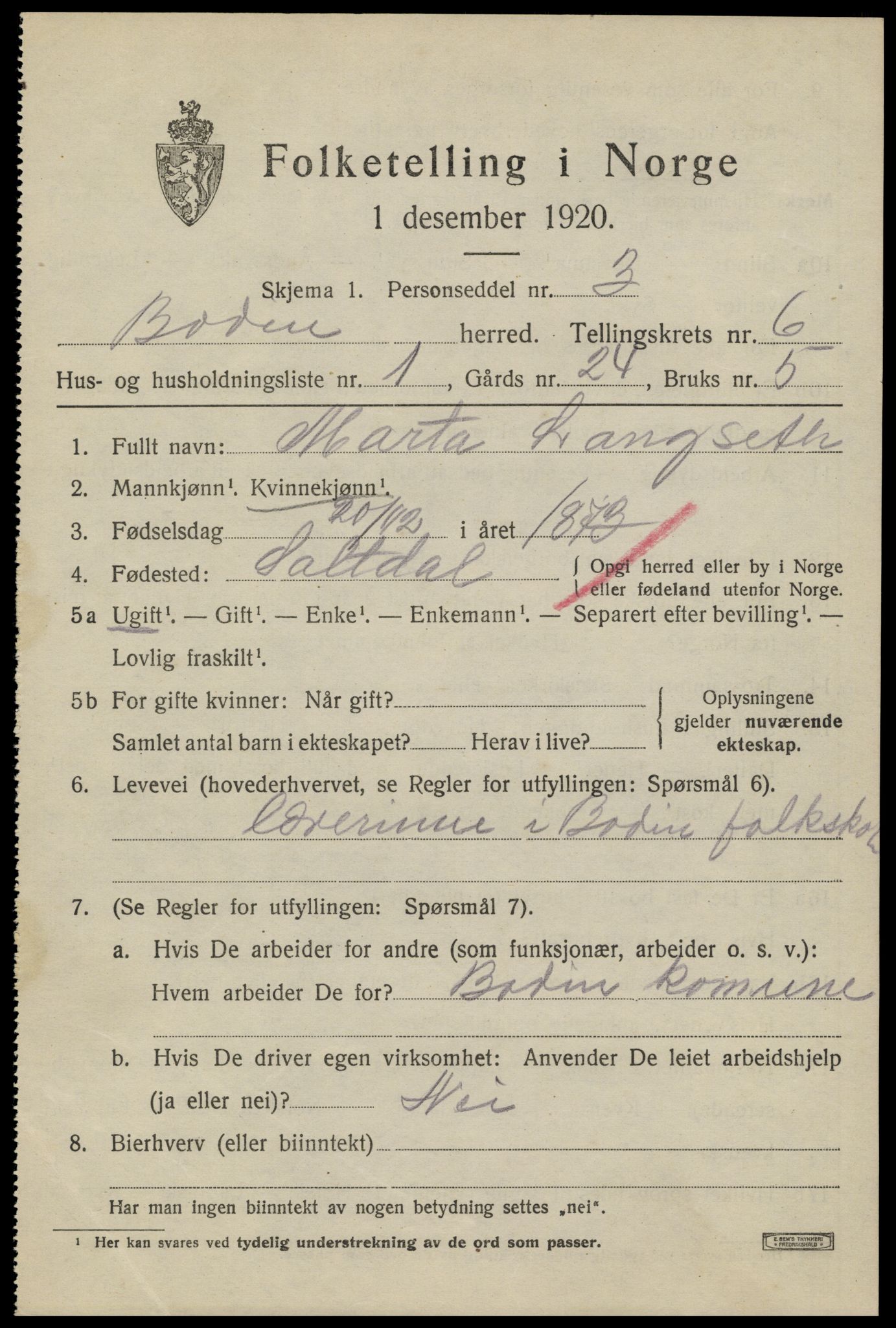 SAT, 1920 census for Bodin, 1920, p. 3494