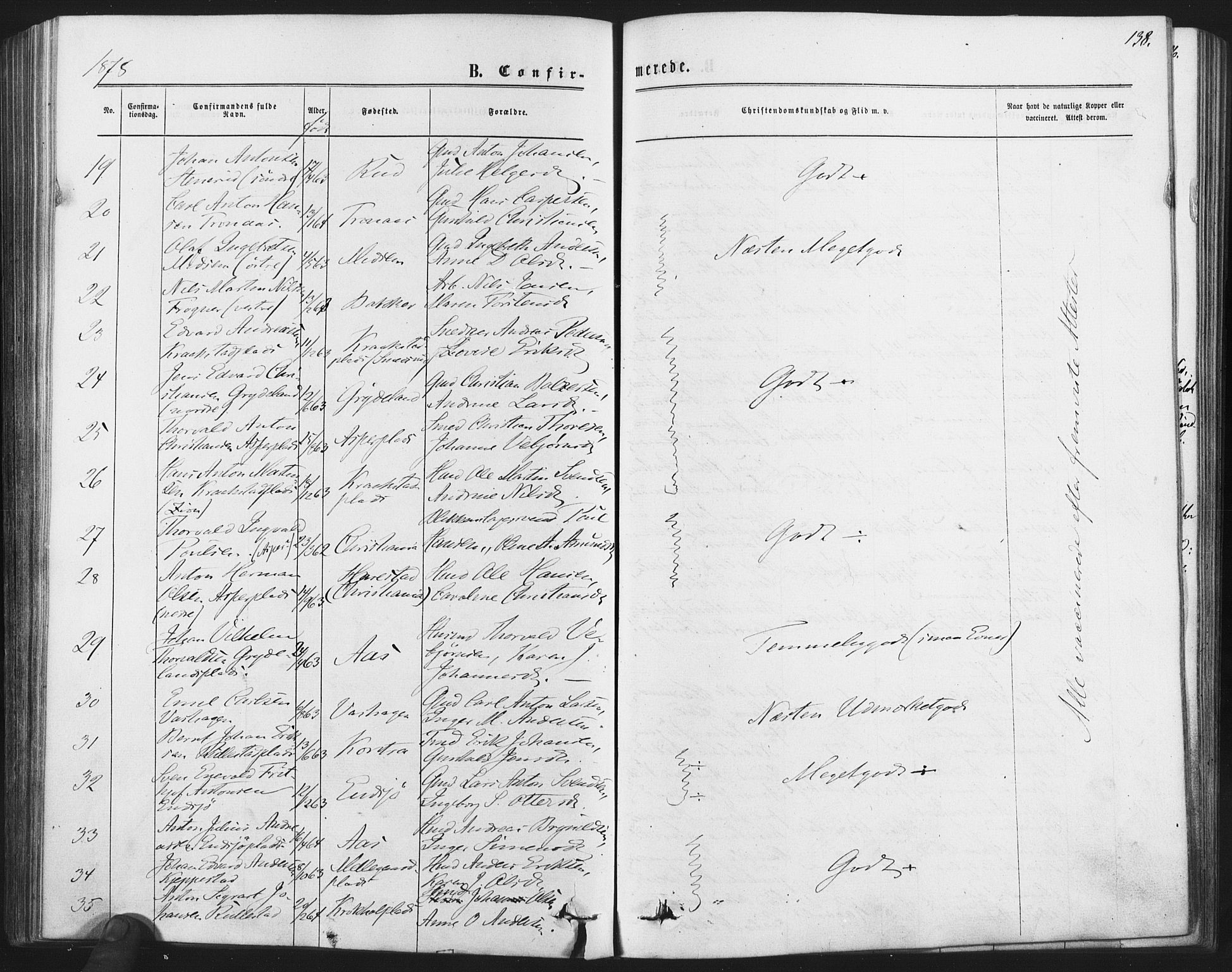 Kråkstad prestekontor Kirkebøker, AV/SAO-A-10125a/F/Fa/L0008: Parish register (official) no. I 8, 1870-1879, p. 138