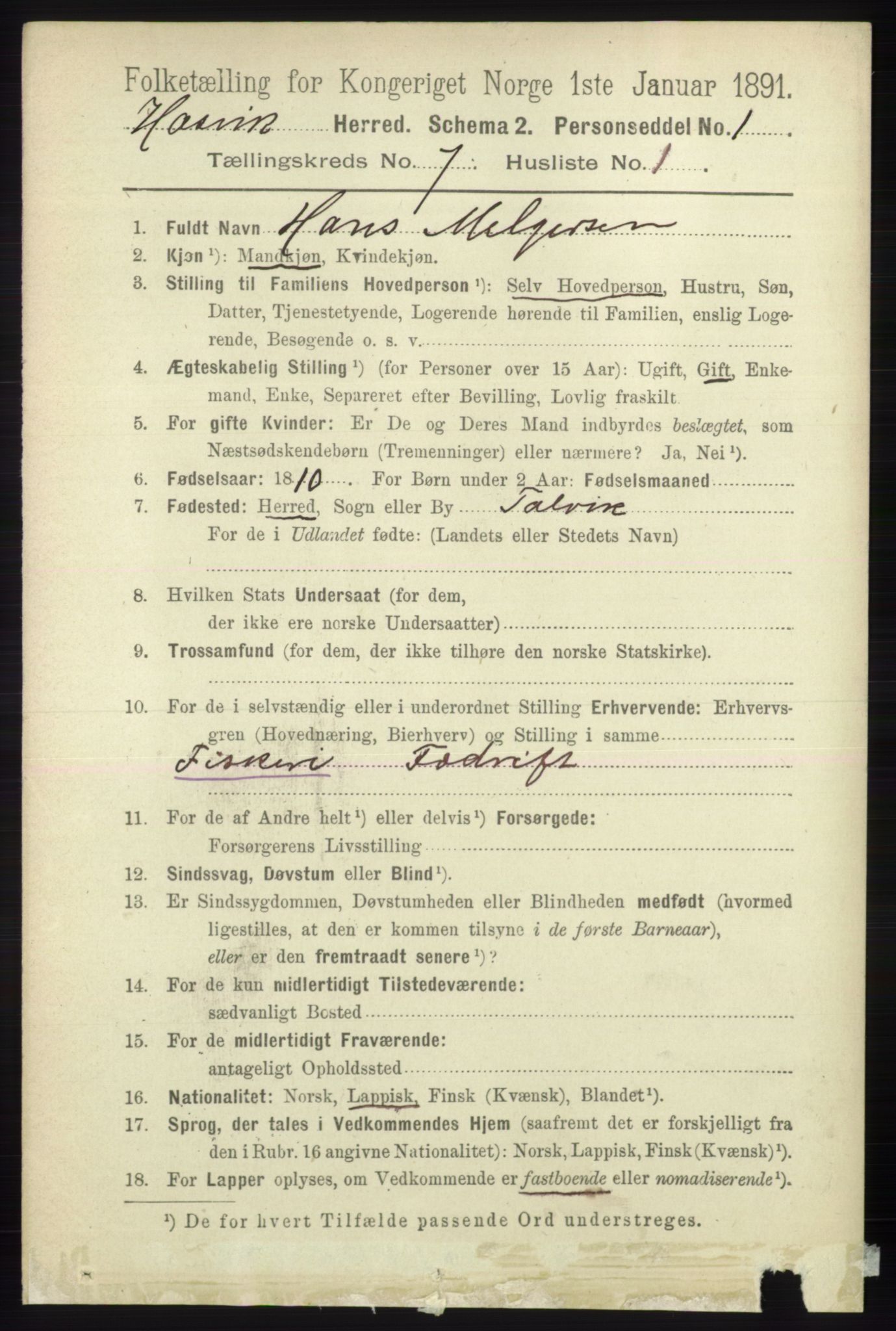 RA, 1891 census for 2015 Hasvik, 1891, p. 965