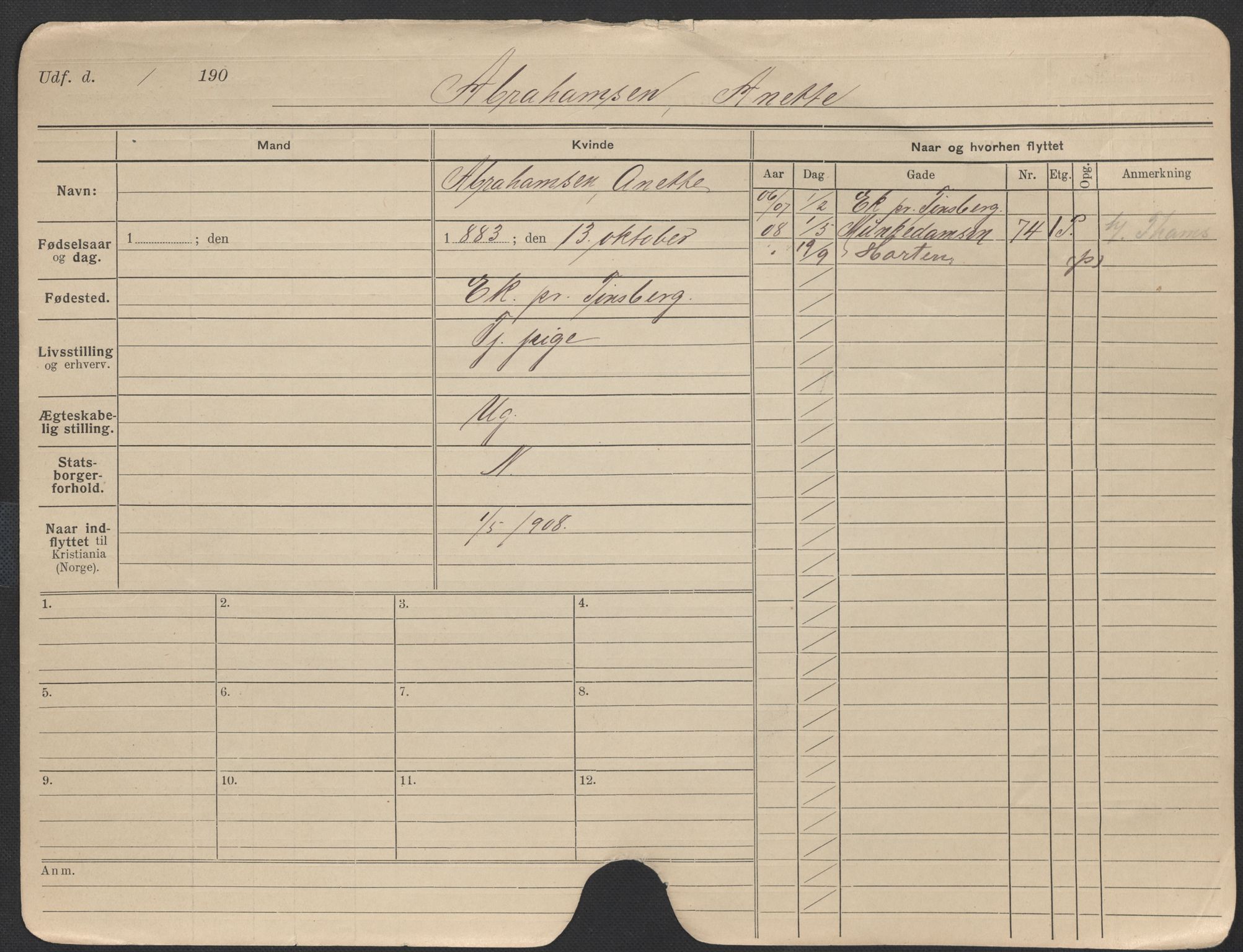 Oslo folkeregister, Registerkort, AV/SAO-A-11715/F/Fa/Fac/L0012: Kvinner, 1906-1914, p. 6a