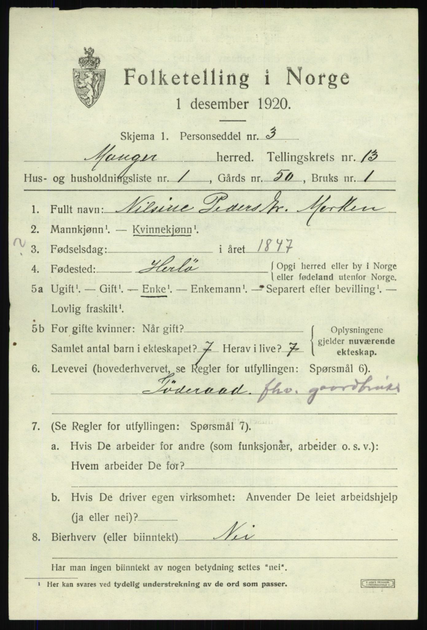 SAB, 1920 census for Manger, 1920, p. 7754