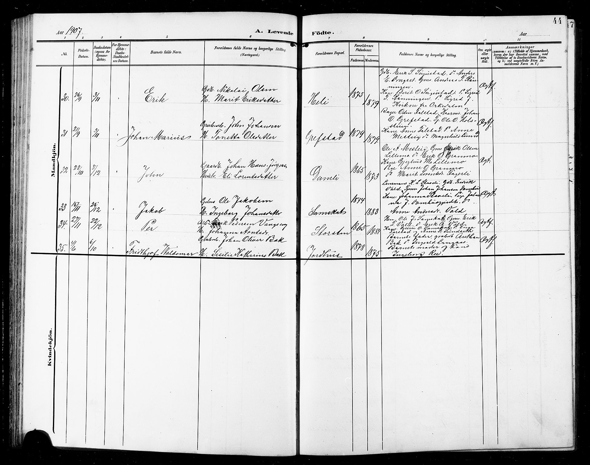 Ministerialprotokoller, klokkerbøker og fødselsregistre - Sør-Trøndelag, SAT/A-1456/672/L0864: Parish register (copy) no. 672C03, 1902-1914, p. 44