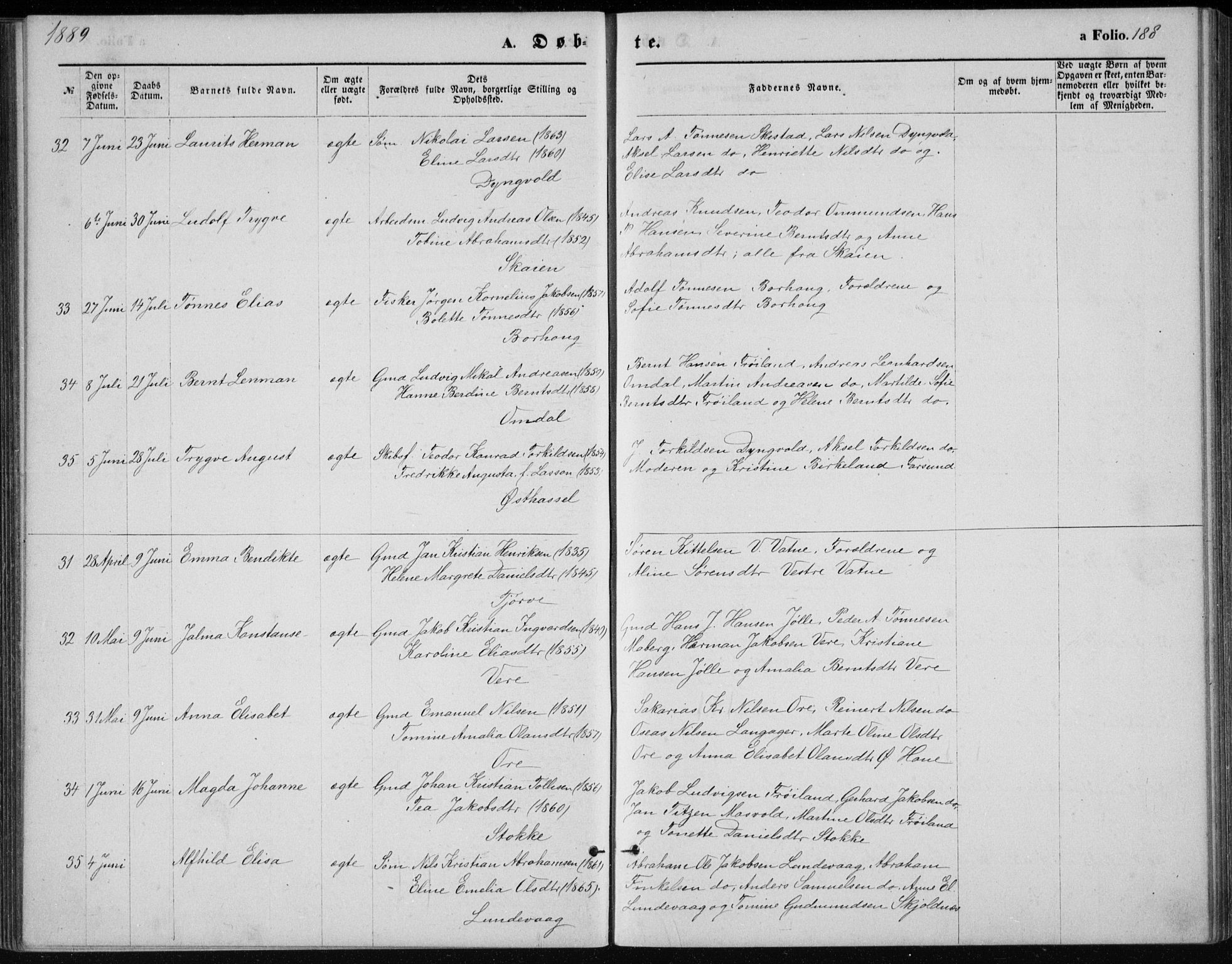 Lista sokneprestkontor, AV/SAK-1111-0027/F/Fb/L0004: Parish register (copy) no. B 4, 1877-1891, p. 188