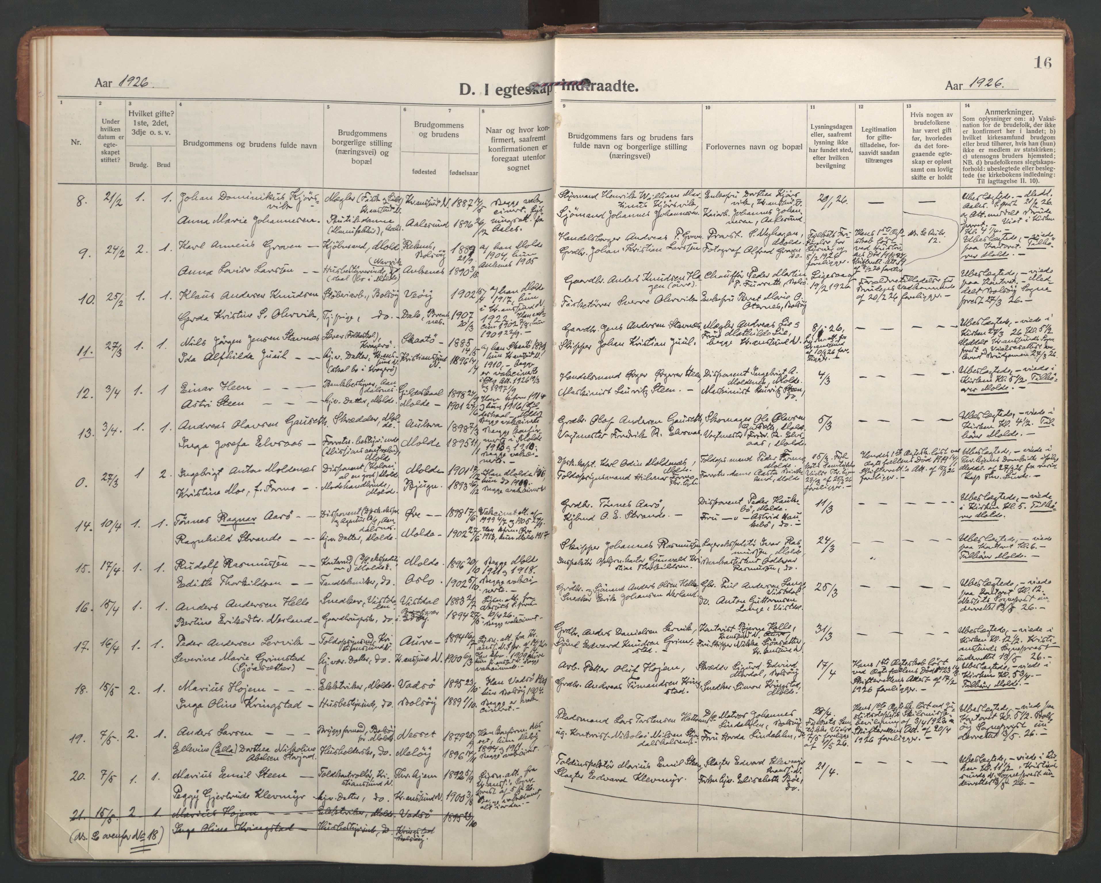 Ministerialprotokoller, klokkerbøker og fødselsregistre - Møre og Romsdal, AV/SAT-A-1454/558/L0698: Parish register (official) no. 558A12, 1922-1937, p. 16