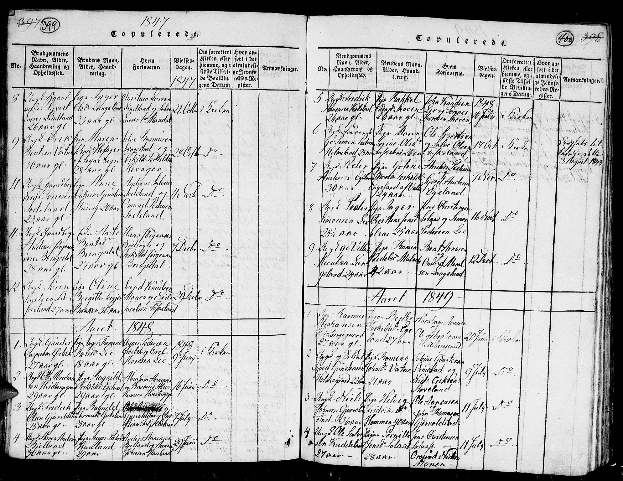 Holum sokneprestkontor, AV/SAK-1111-0022/F/Fb/Fba/L0002: Parish register (copy) no. B 2, 1820-1849, p. 399-400