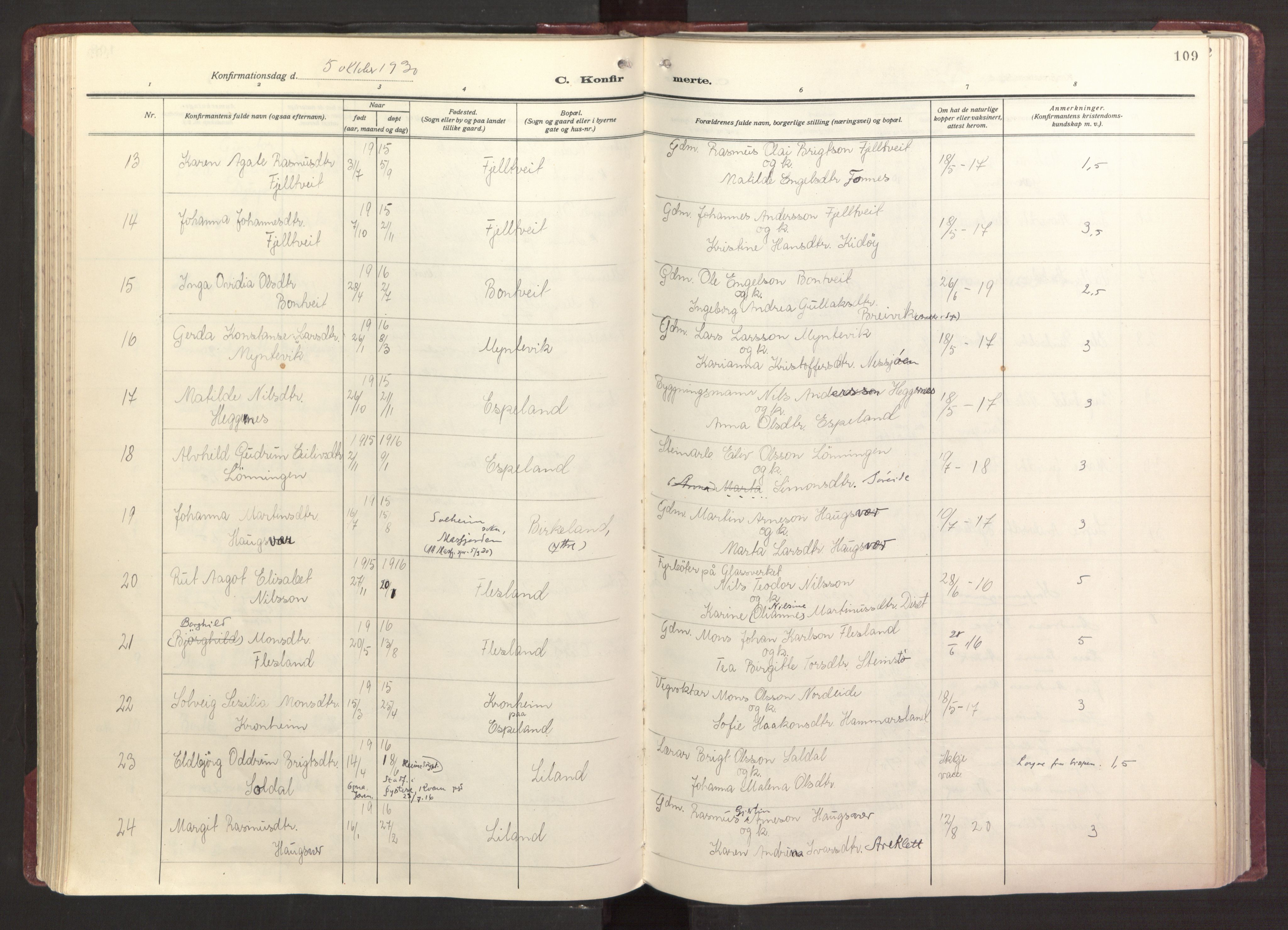 Fana Sokneprestembete, AV/SAB-A-75101/H/Haa/Haab/L0006: Parish register (official) no. B 6, 1923-1967, p. 109