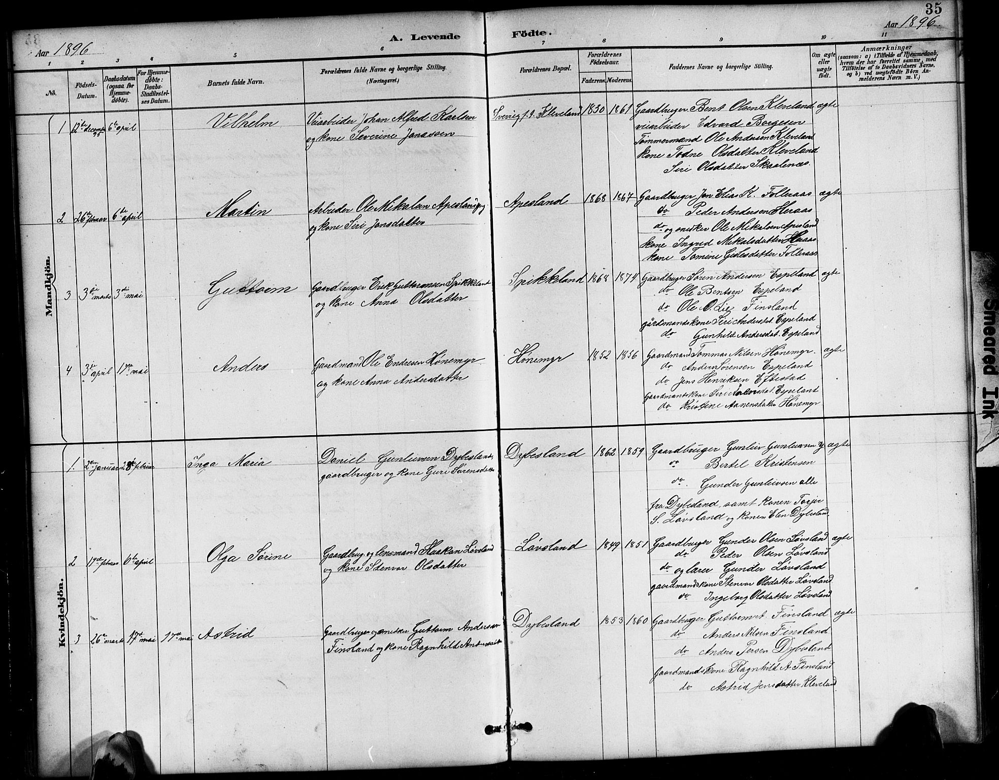 Bjelland sokneprestkontor, SAK/1111-0005/F/Fb/Fbb/L0005: Parish register (copy) no. B 5, 1887-1918, p. 35