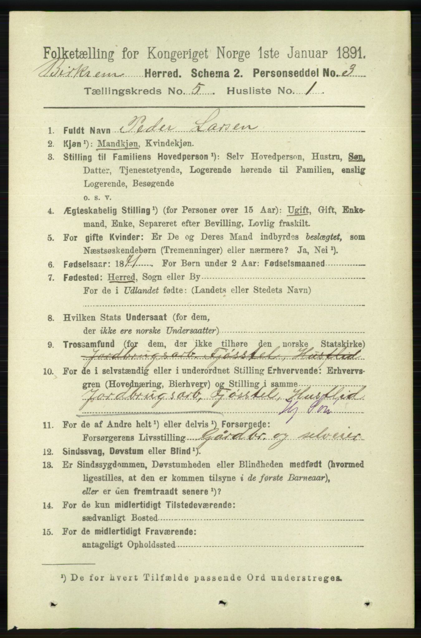 RA, 1891 census for 1114 Bjerkreim, 1891, p. 1696